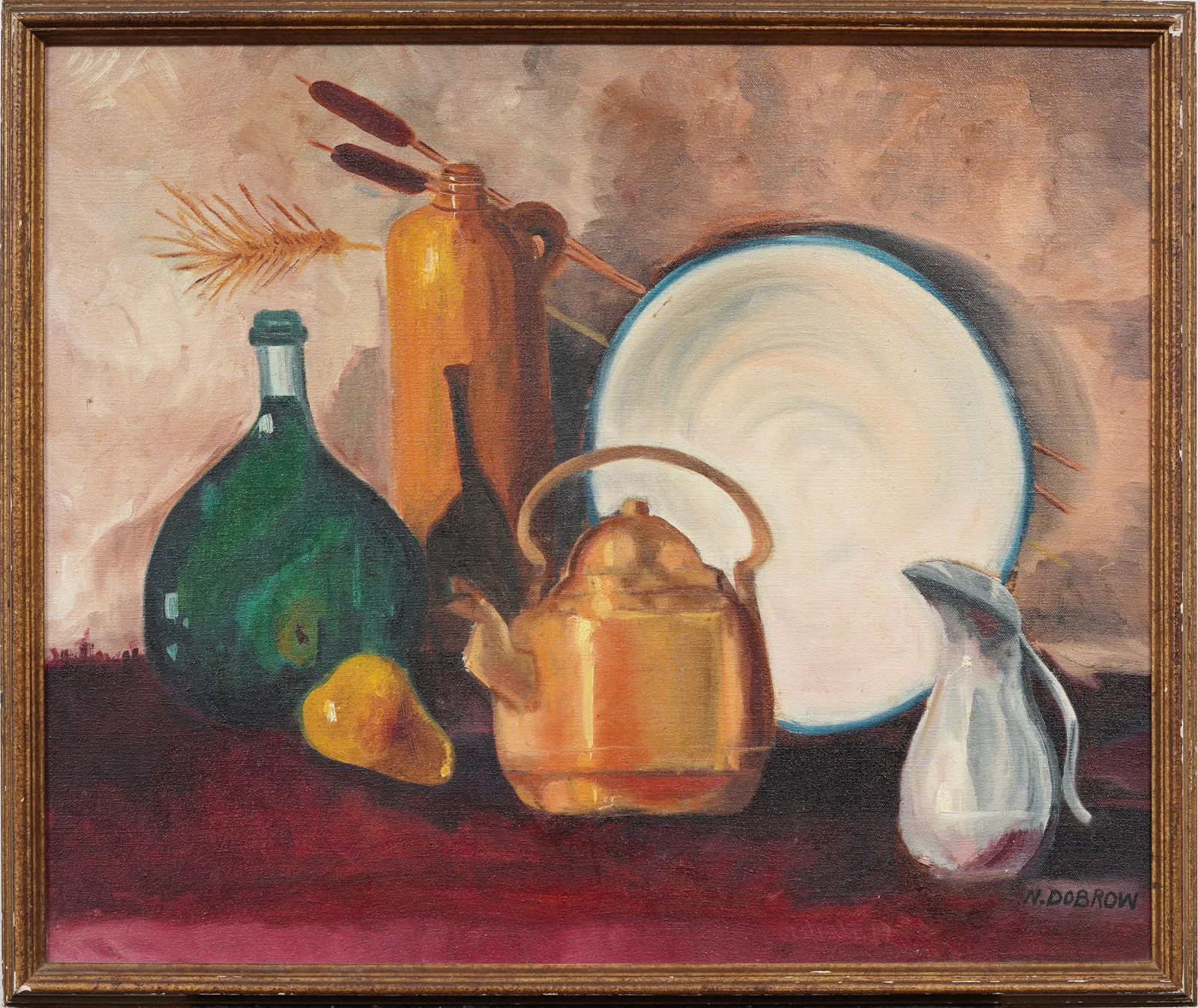 Vintage American Midcentury Kitchen Items Still Life Original Framed Oil Painting Signed "N. Dubrow"