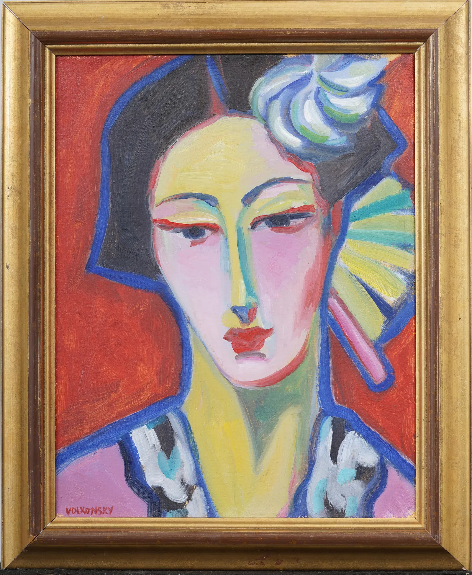 Vintage American or European School Fauvist Woman Portrait Framed Original Oil Painting