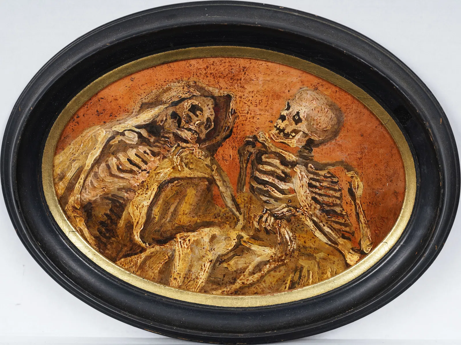Vintage American School Memento Mori Veiled Skeleton Embrace Original Still Life Oil Painting