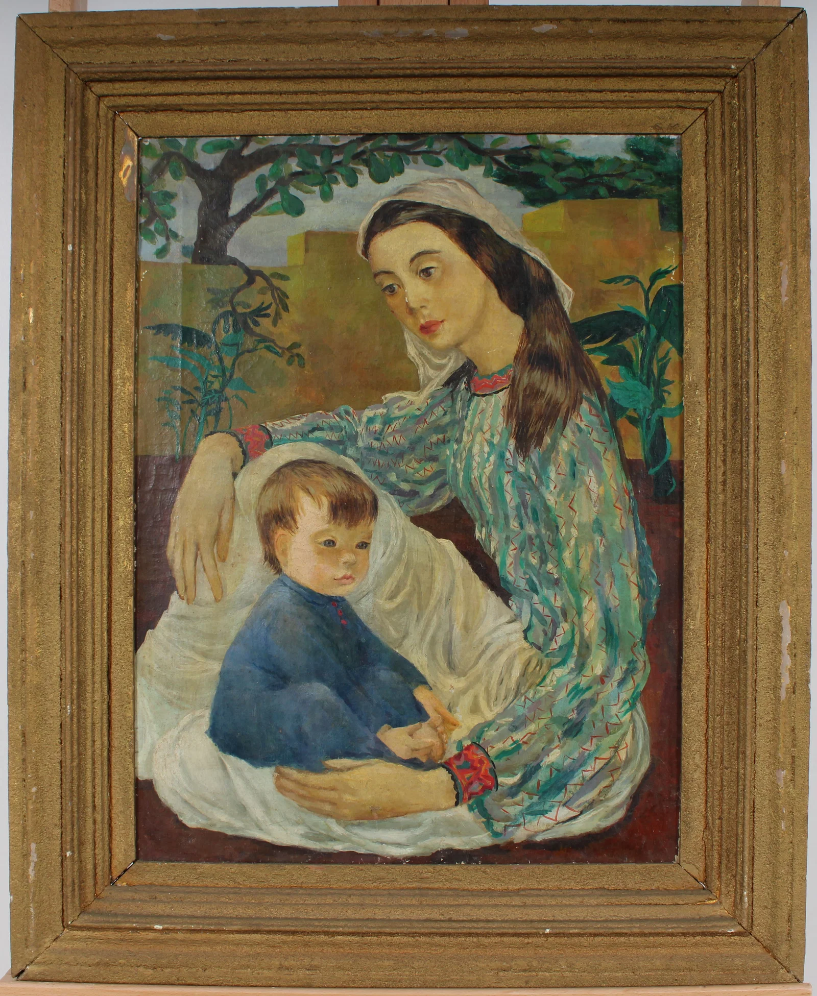Vintage American School Modernist Family Portrait Framed Signed Original Oil Painting