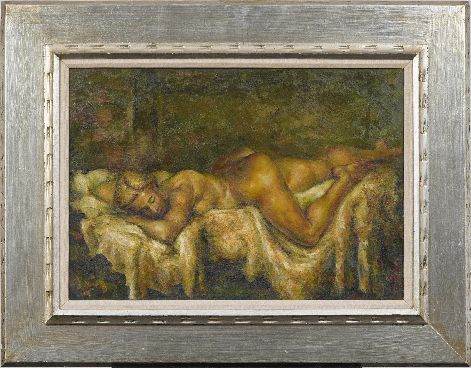 Vintage American School Reclining Female Nude Woman Portrait Original Framed Boudoir Oil Painting