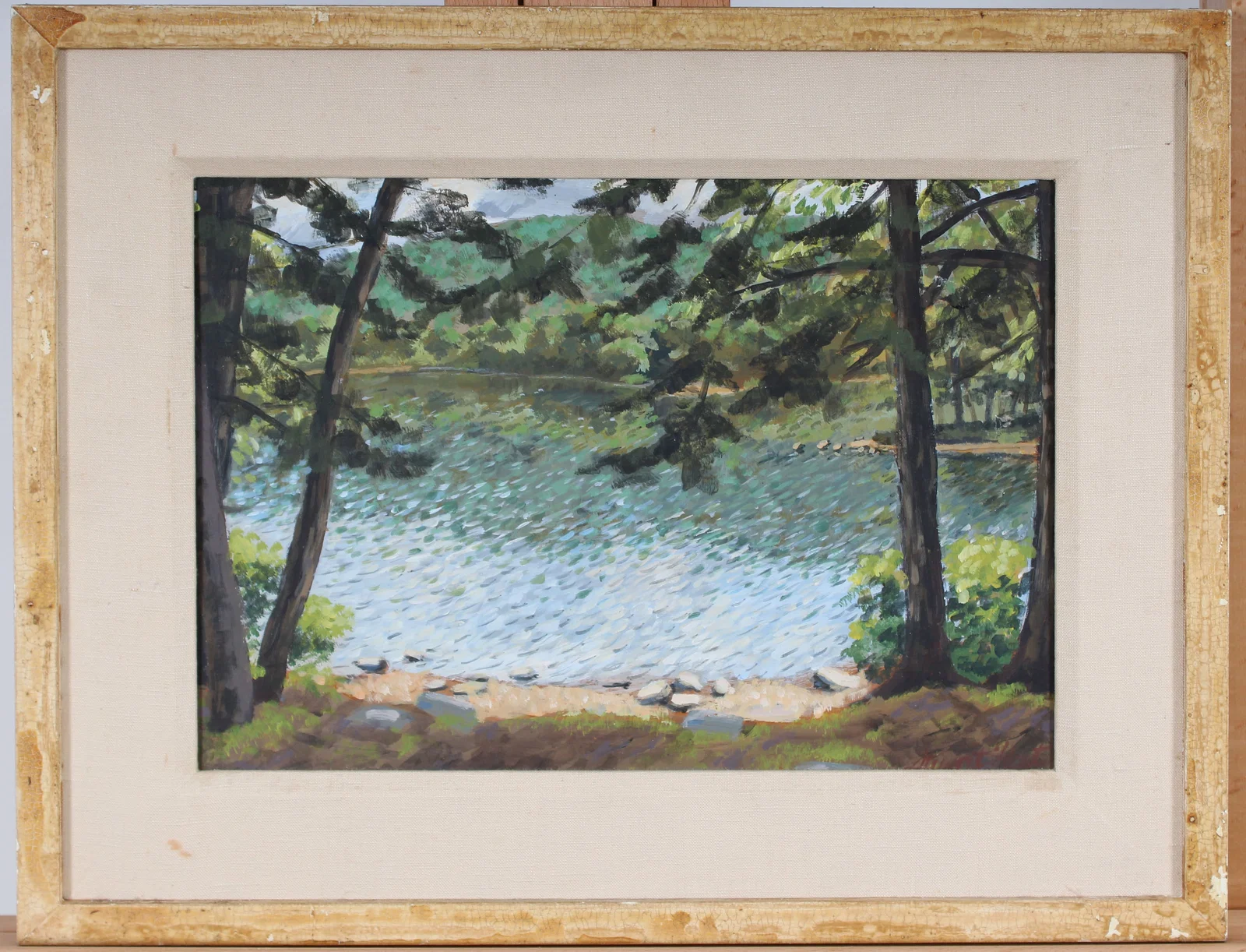 Vintage American School Signed Summer Swimming Hole Pointillist Framed Painting