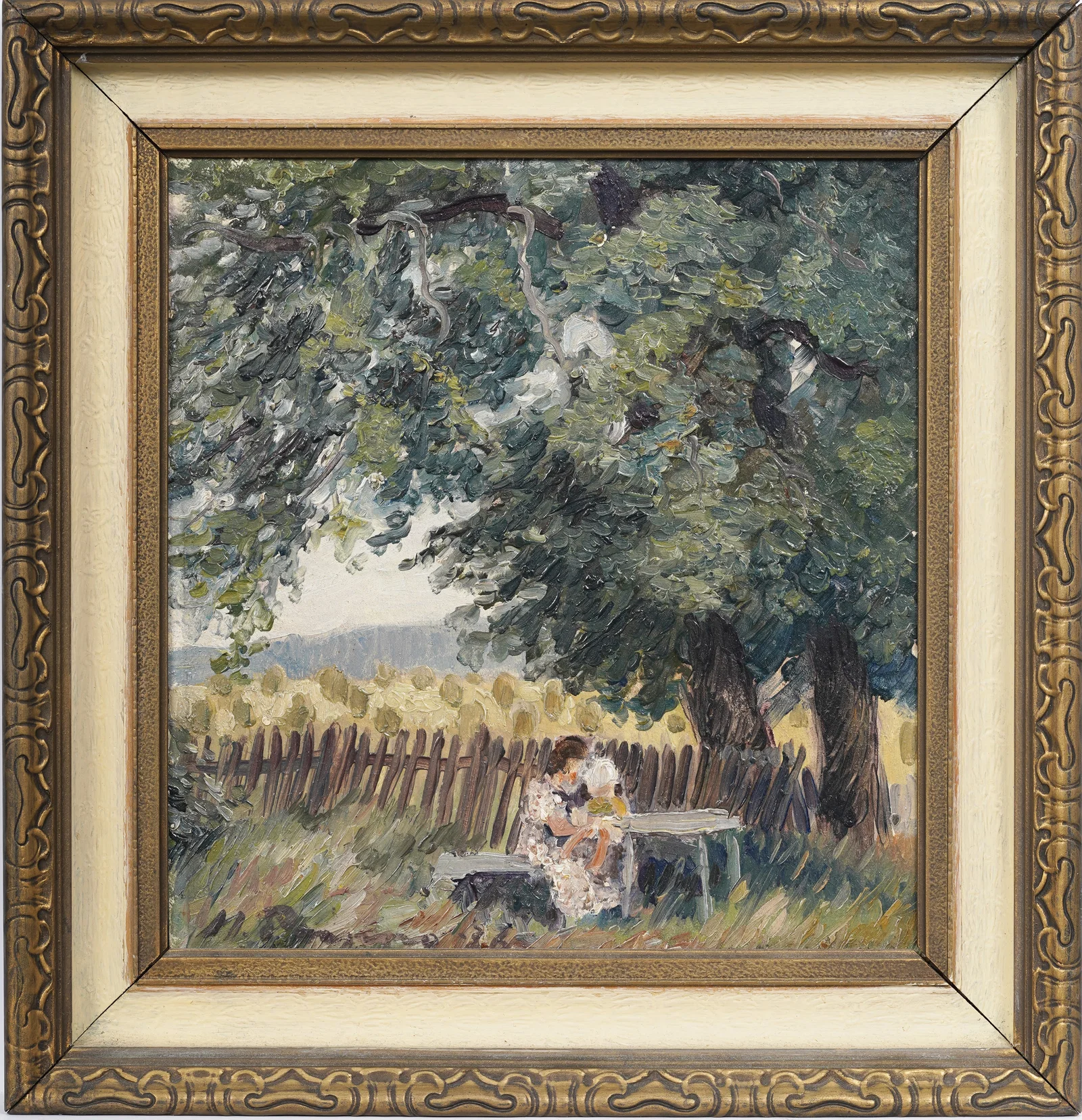 Vintage American Signed Impressionist Figural Landscape Mother and Child Framed Oil Painting