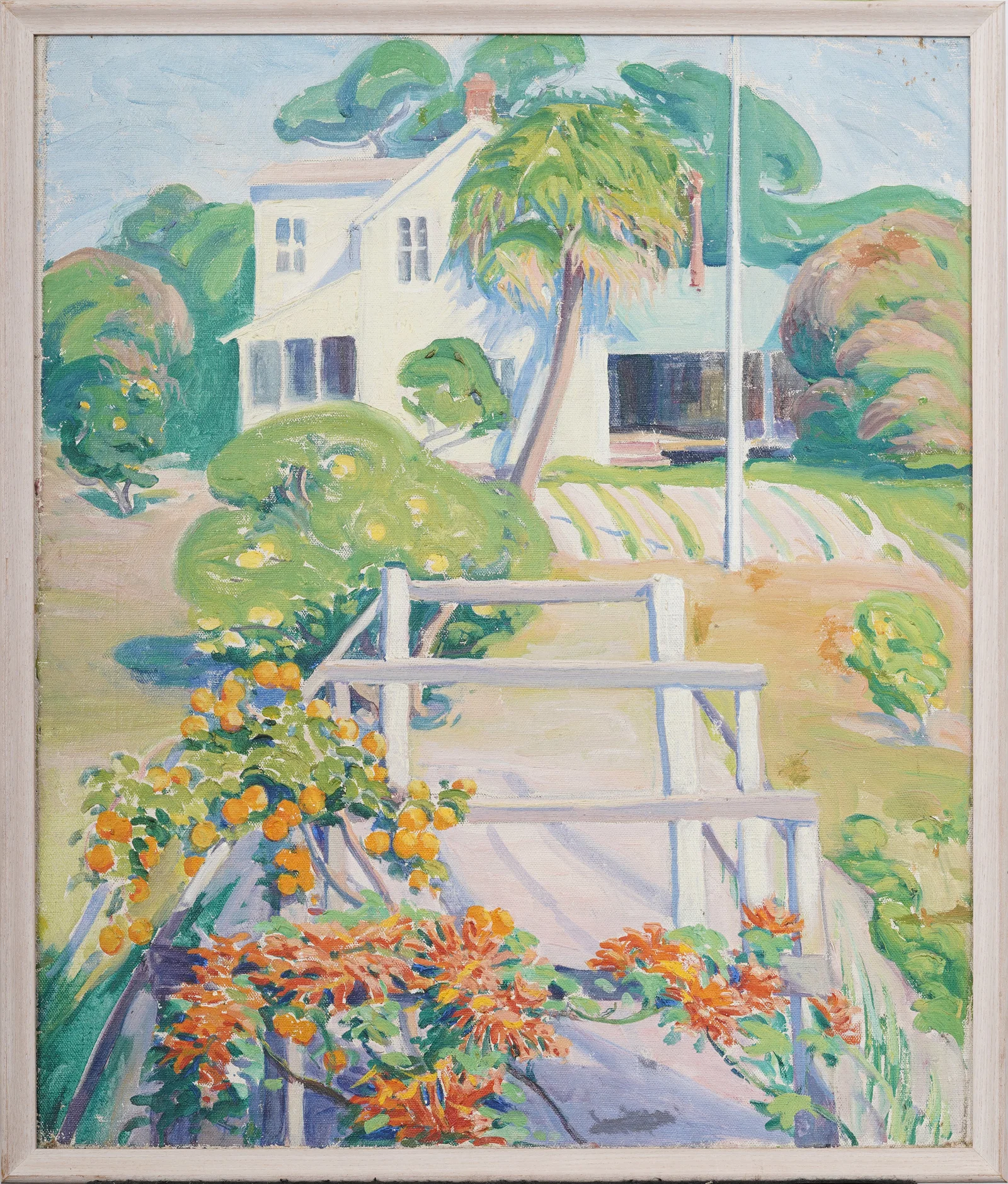 Vintage American Southern School Orange Grove Framed Impressionist Landscape Original Oil Painting