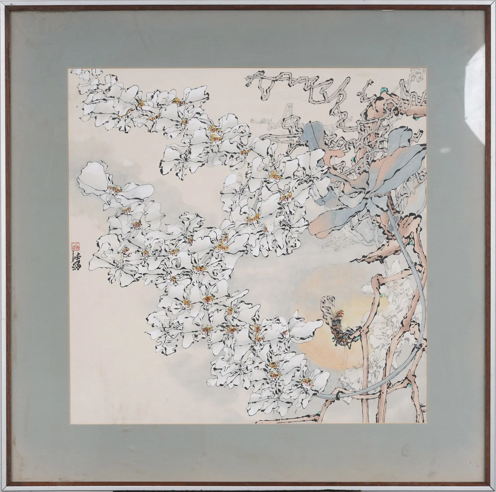 Vintage Asian Insect and Flowers Signed and Framed Original Watercolor Chinese Painting
