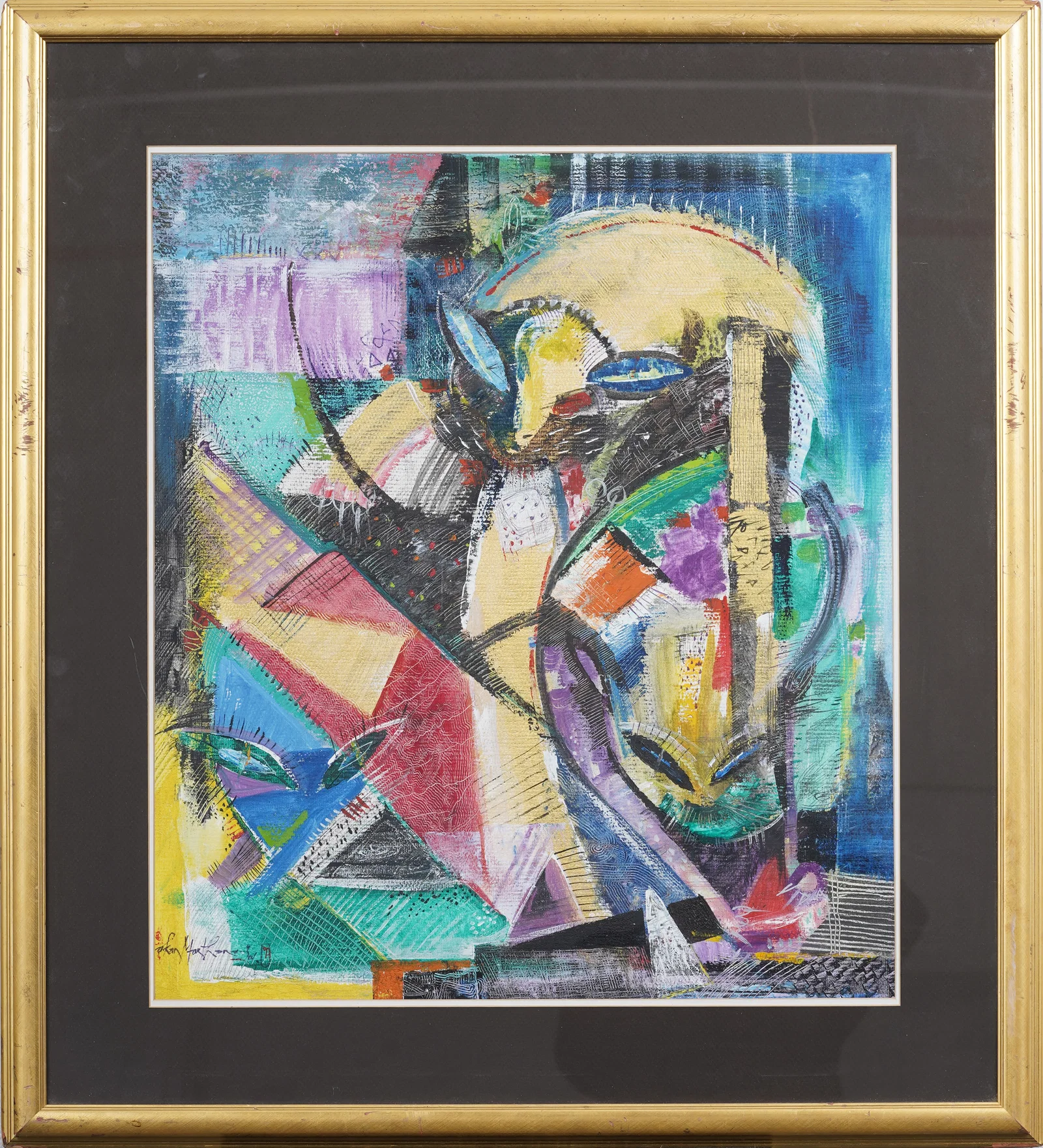 Vintage Asian Modernist Abstract Signed Hong Kong Gallery Label Original Framed Chinese Painting