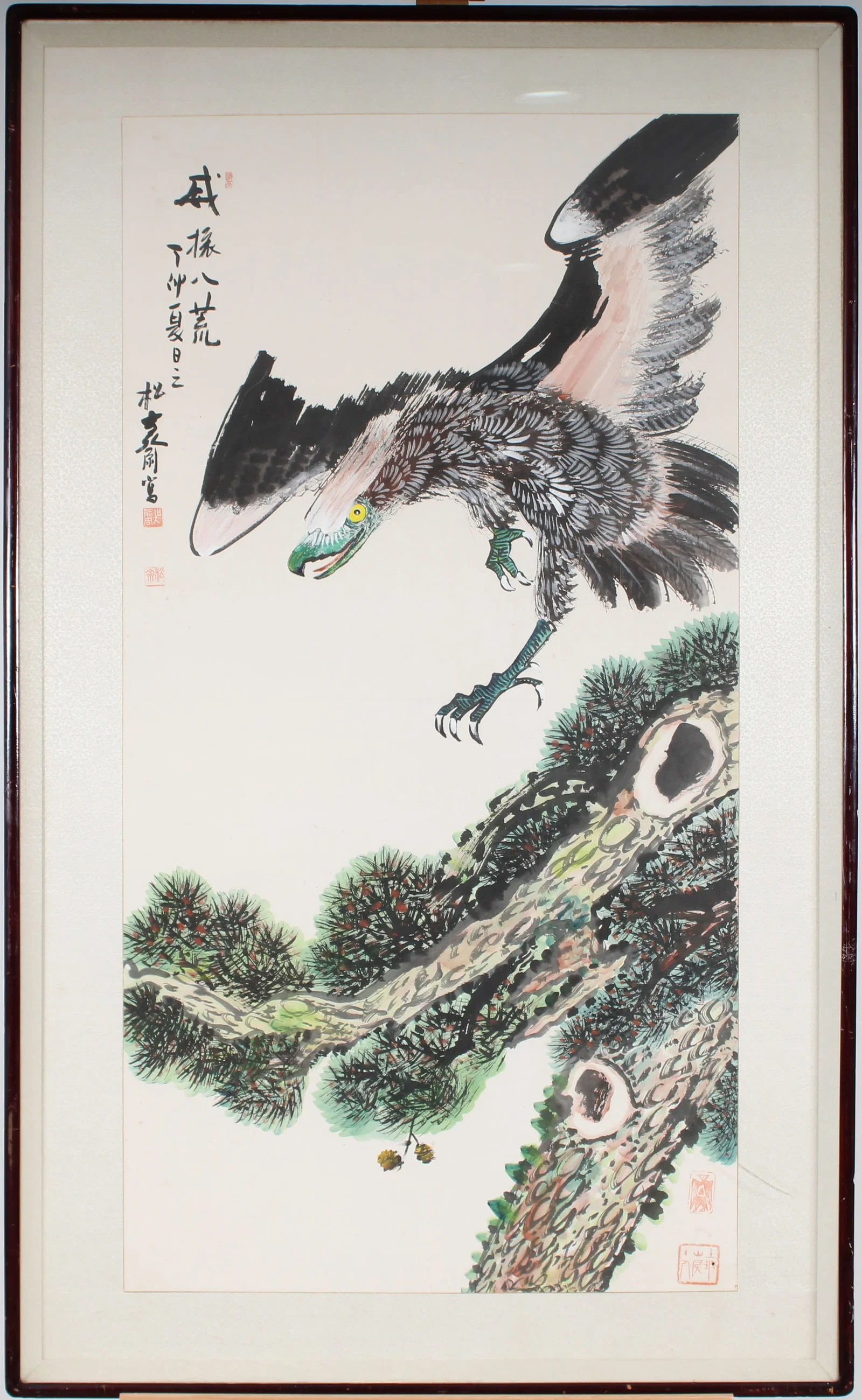 Vintage Asian Signed Eagle Portrait Large Original Watercolor Framed Painting