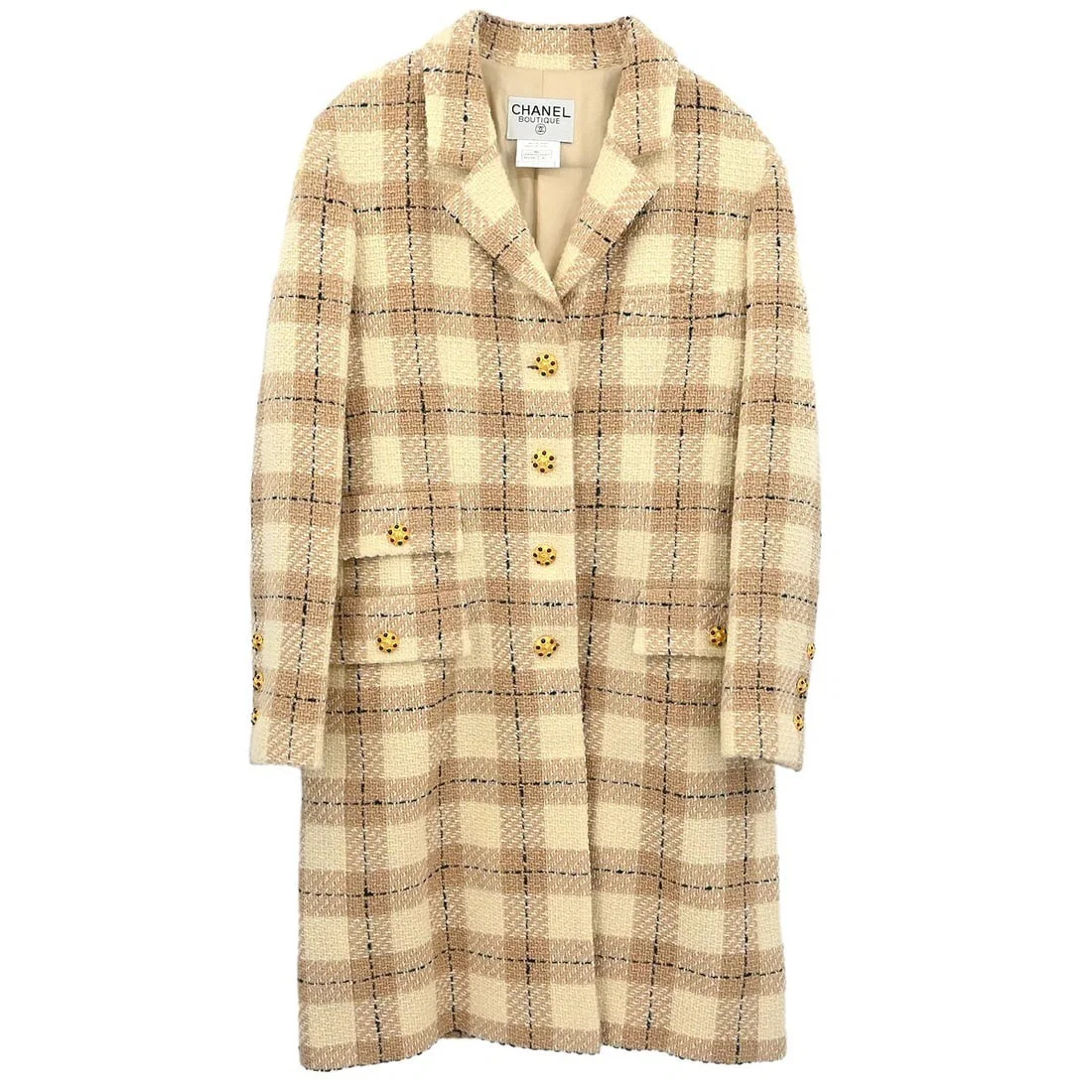 Vintage Beige Long Wool Alpaca Chanel Single Breasted Coat Size 42