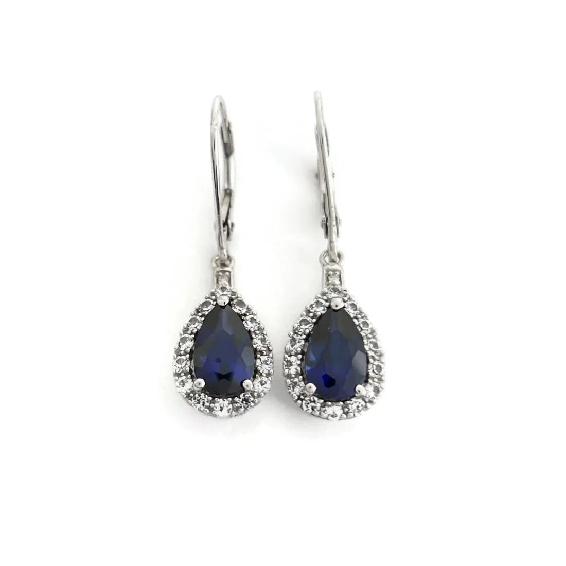 Vintage Blue Simulated Sapphire CZ Teardrop Earrings 10K White Gold, 2.72 Grams