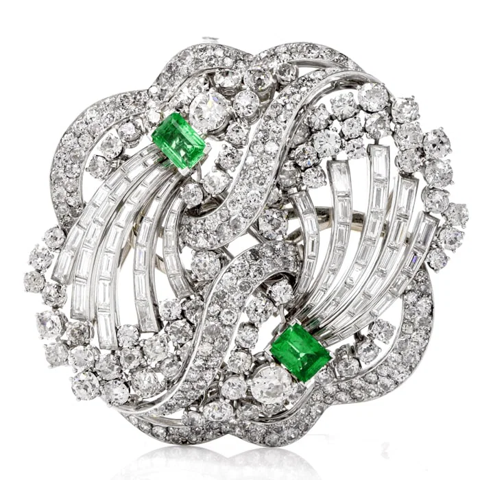 Vintage Boucheron Diamond 29.52ct Emerald Platinum Double Clip Lapel Brooch 56.7 Grams