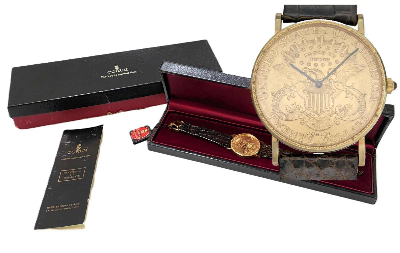 Vintage Corum $20 Gold Coin Mechanical Mens Watch Full Kit Box Tags Original Strap Buckle 18K Gold