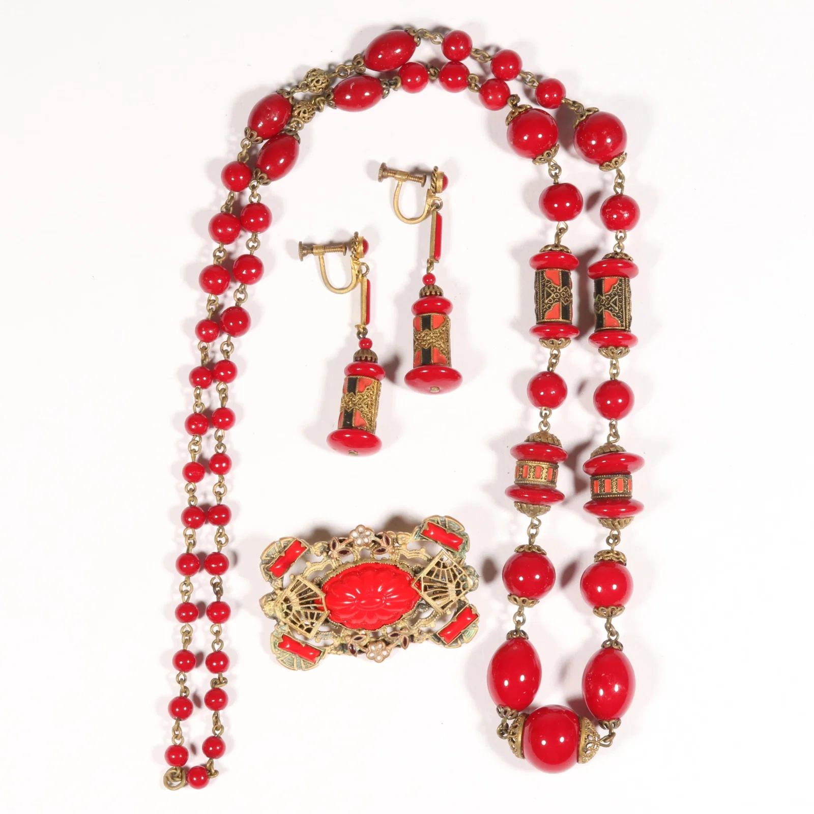 Vintage Czech glass 3pc group: long dark red glass beaded necklace with black and red enameled