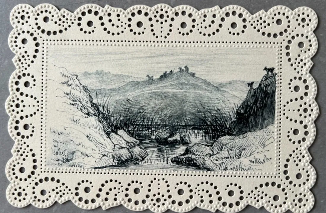 Vintage Drawing Original Landscape, Mountains, River, Animals 19th century