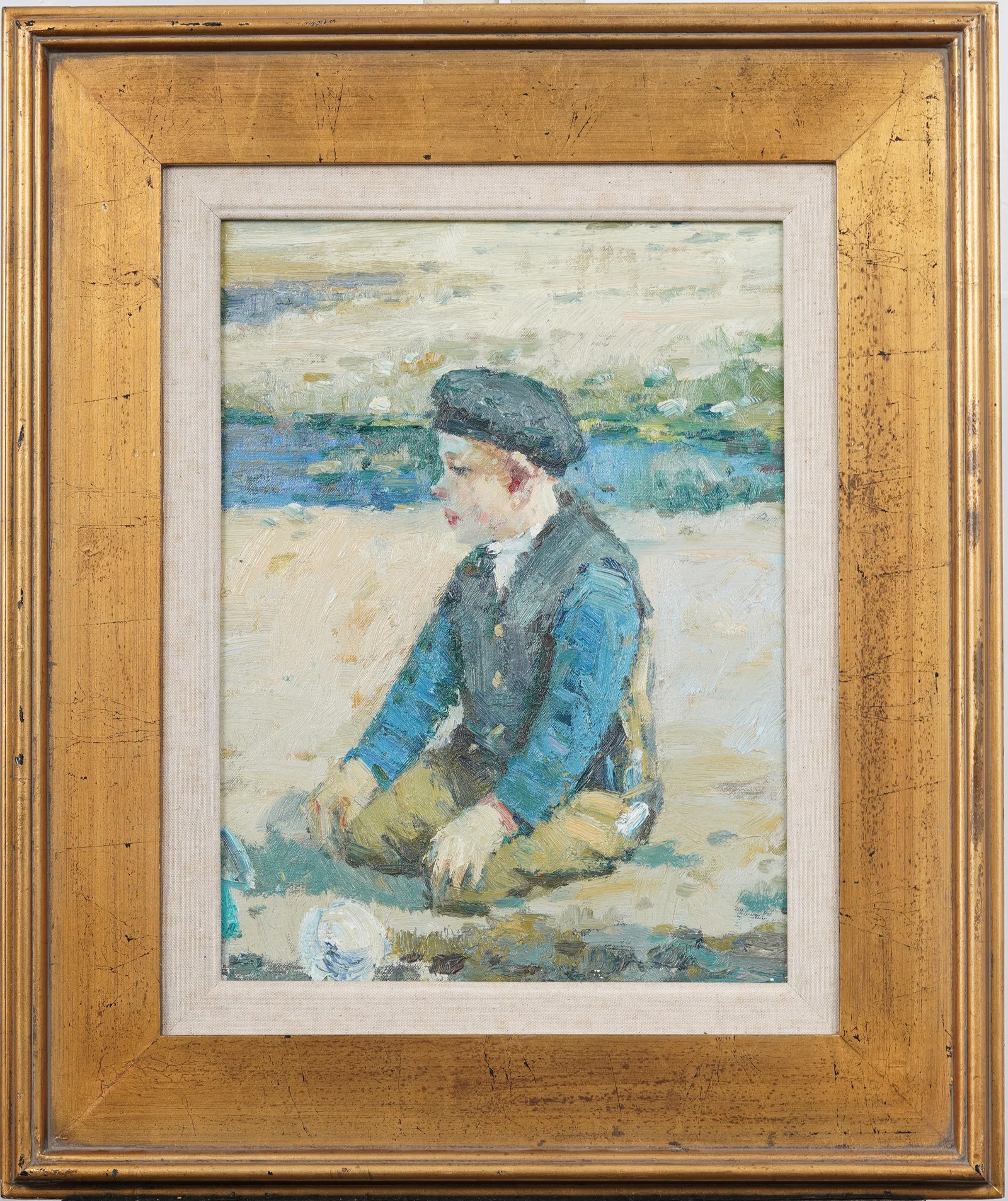 Vintage European Impressionist Beach Scene Framed Portrait Original Oil Painting