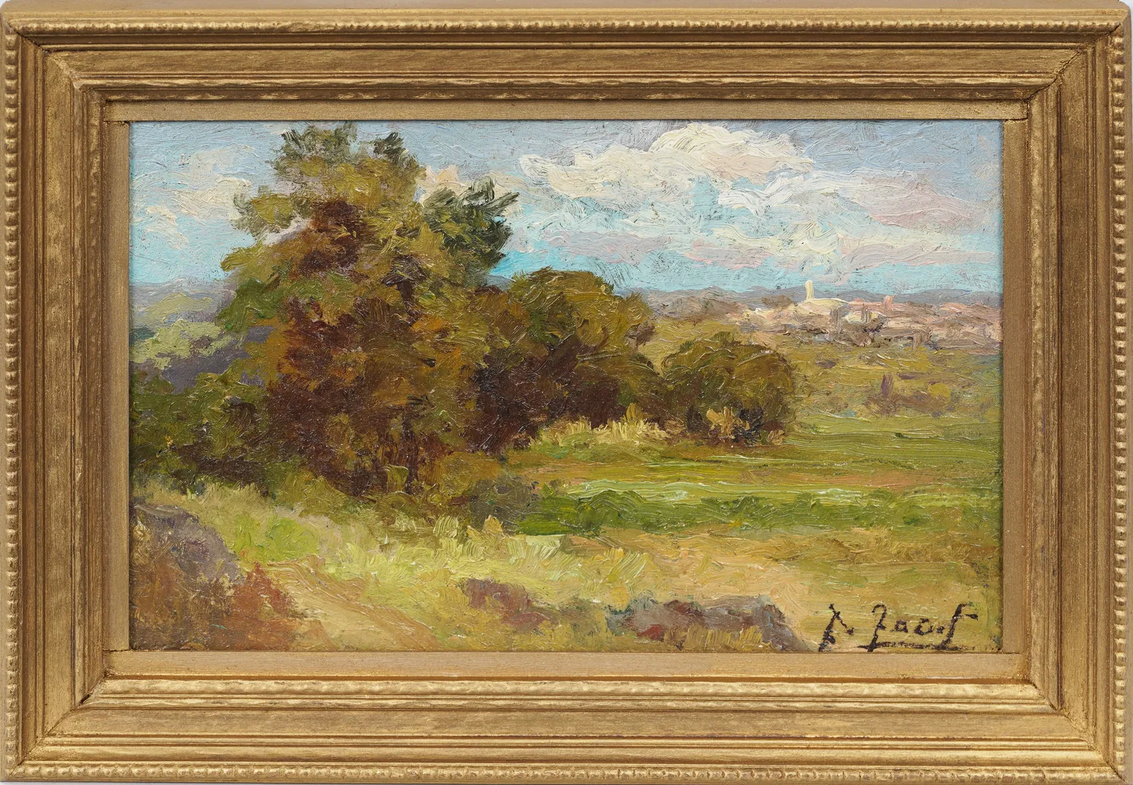Vintage European Impressionist Signed Prairie Farm Town Landscape Original Framed Oil Painting