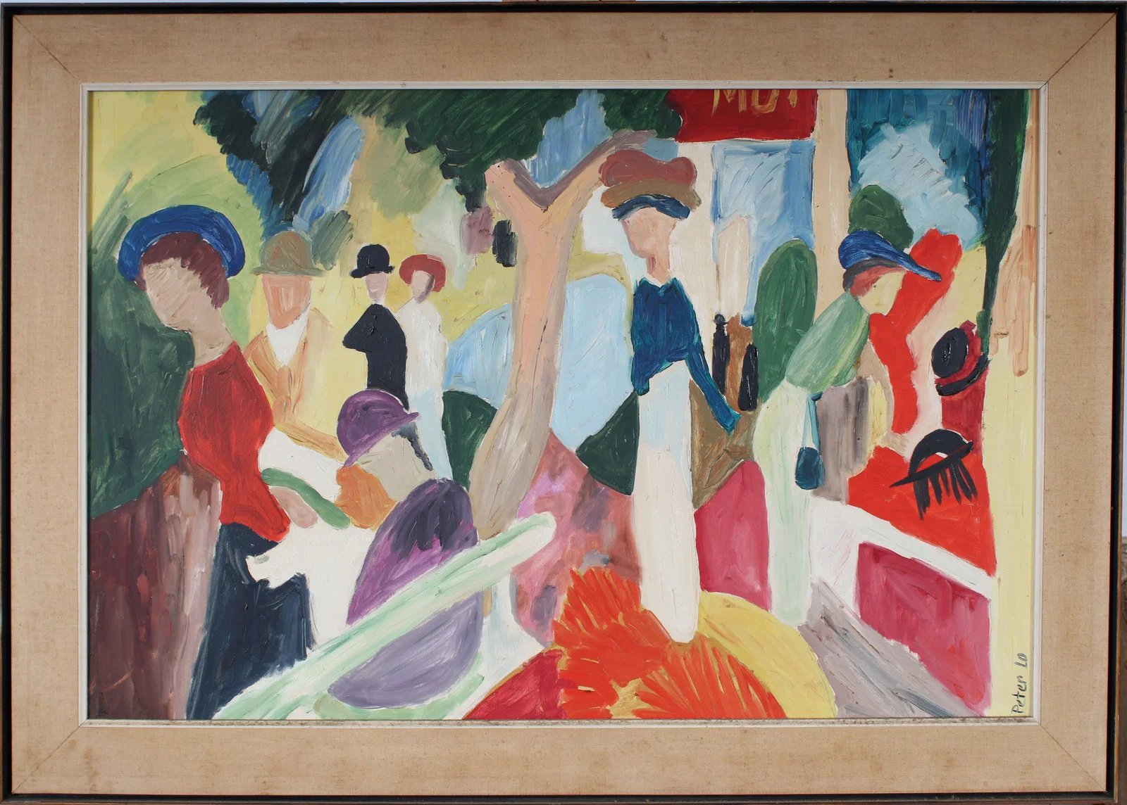 Vintage European Modernist Framed Elegant Park Scene Fauvist. Signed Landscape Oil Painting