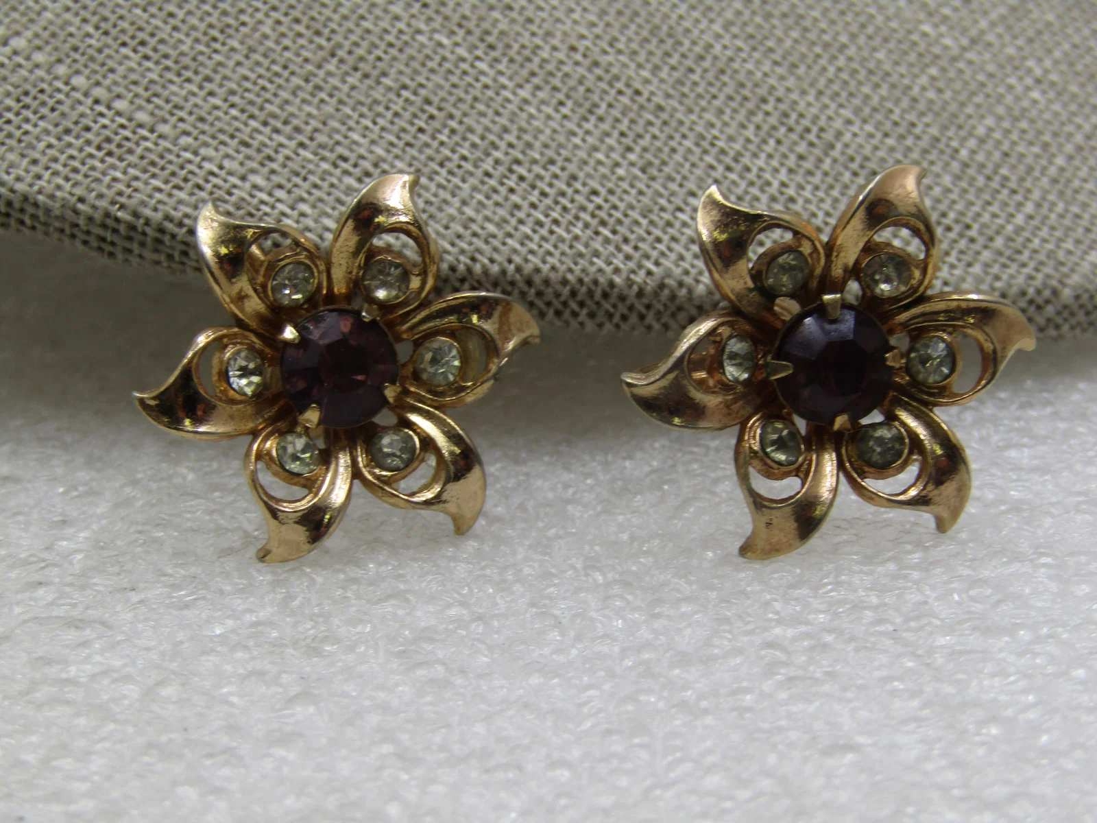 Vintage Floral Amethyst Rhinestone Earrings, Screw Back, Mid-Century
