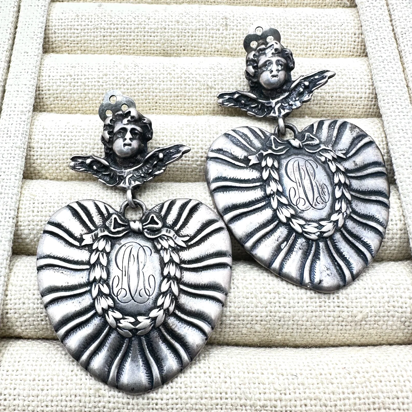 Vintage Foree Sterling Silver Clip Chandelier Earrings Cherub Heart Design 2.5 Inch