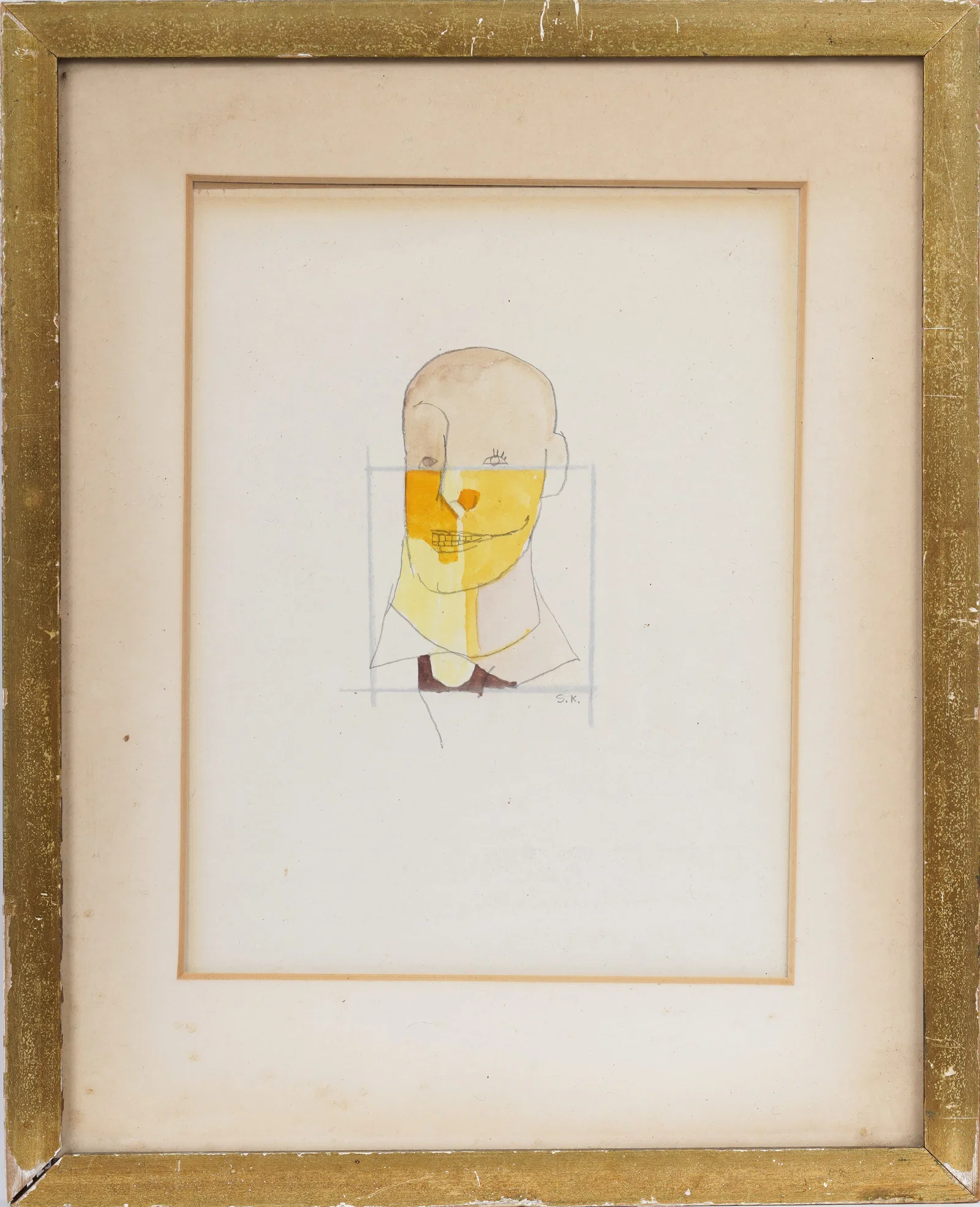Vintage Framed Modernist American School Monogrammed Watercolor Portrait Painting