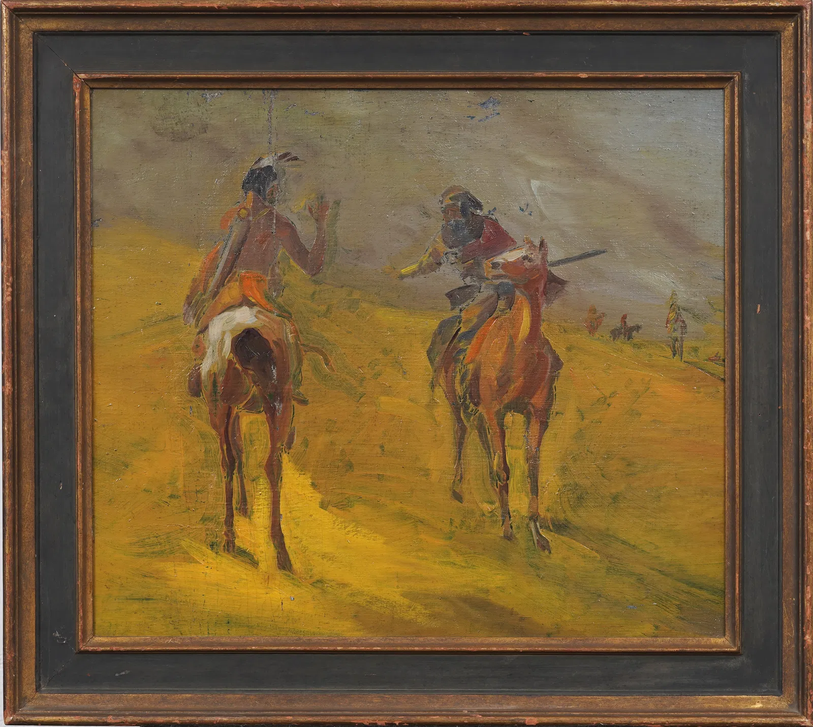 Vintage Framed Western Native American "Indians on Horseback" Painting Circle of Remington
