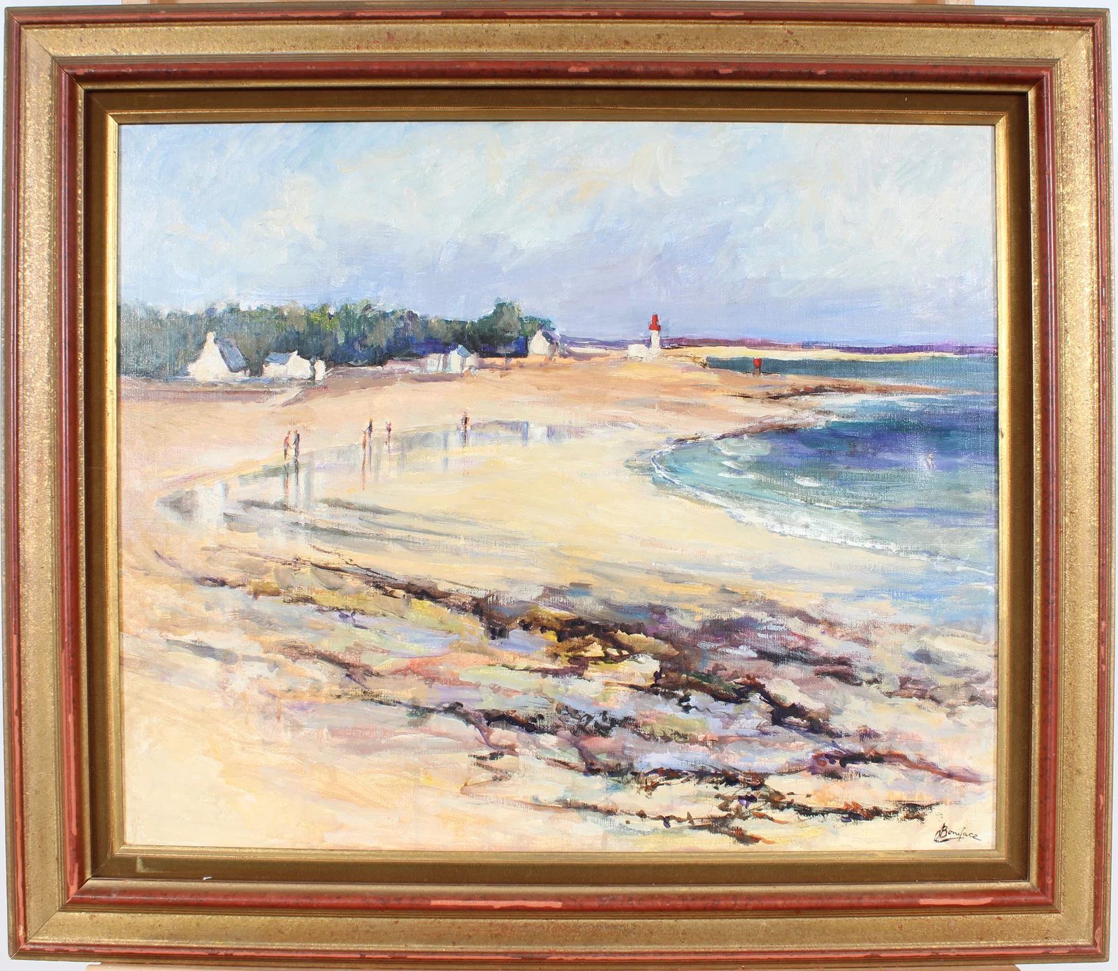 Vintage French Impressionist Beach Scene Framed Signed Seascape Oil Painting