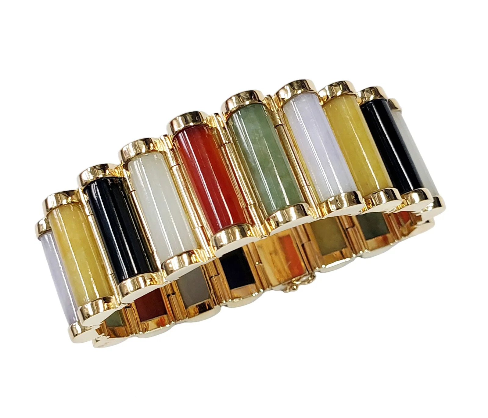 Vintage Genuine Multi Color Jadeite Jade Heavy 14k Gold Long Statement Bracelet 74 grams
