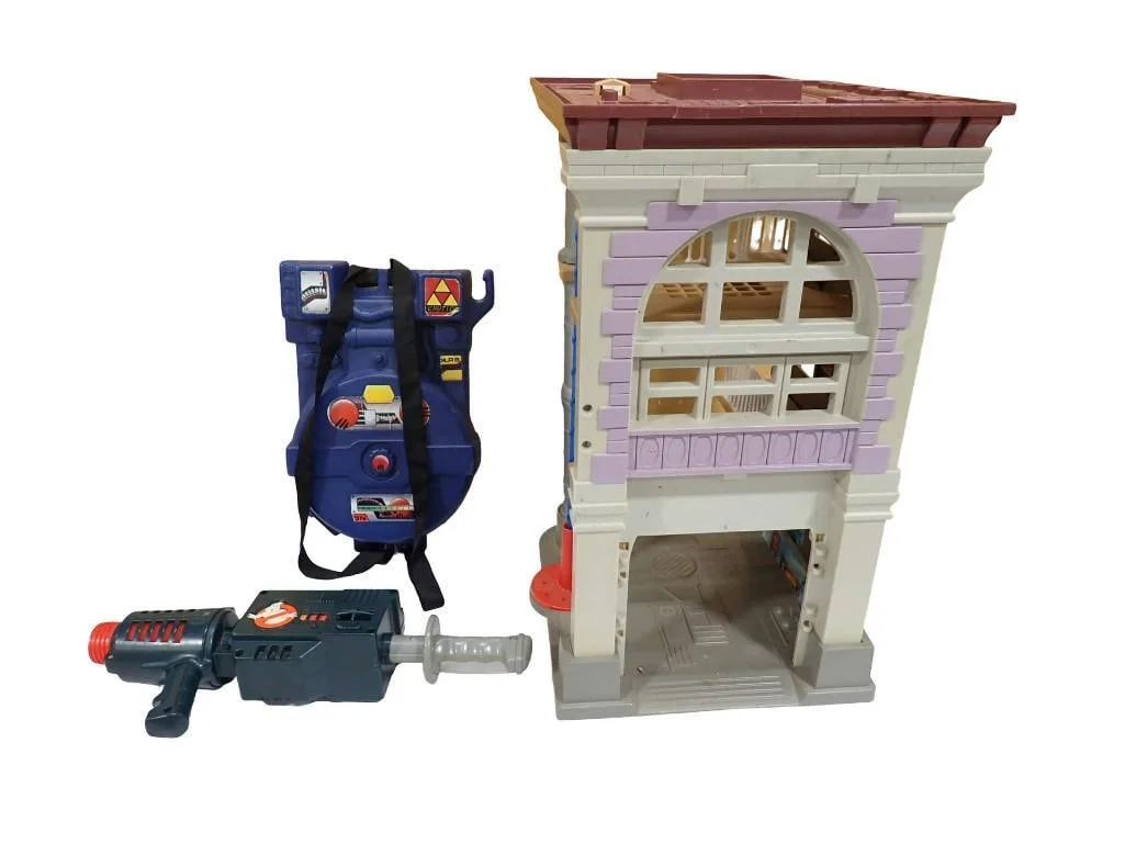 Vintage Ghostbusters Toy Lot including Proton Pack, Popper Gun, Firehouse Headquarters Playset
