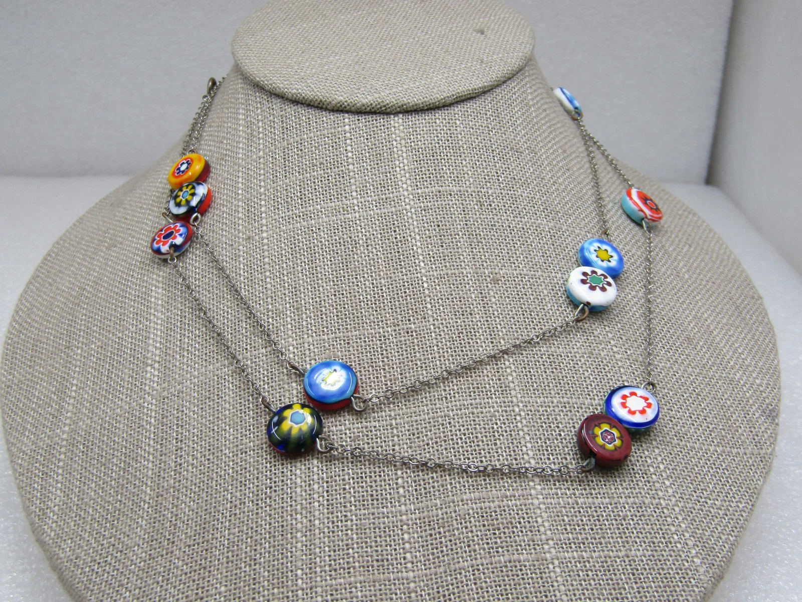 Vintage Glass Floral Beaded Necklace, 32", 1960's-1970's.