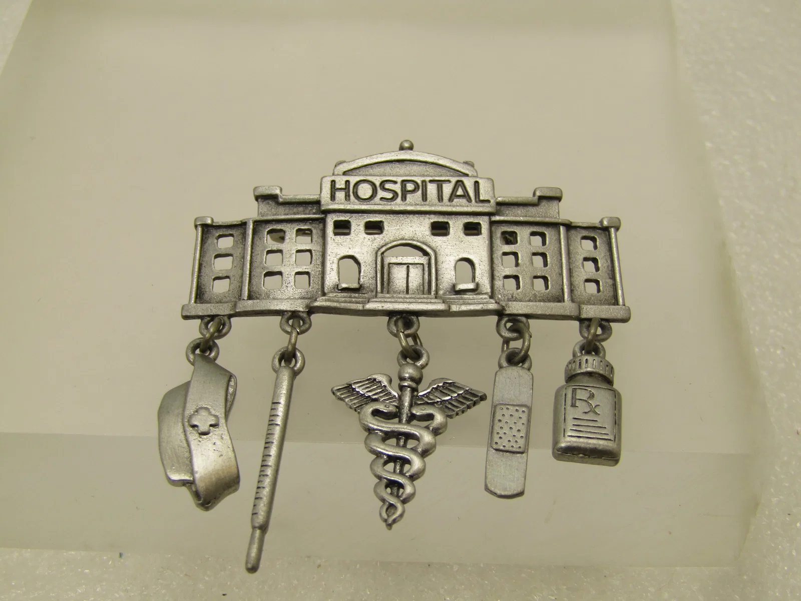 Vintage Hospital Building Brooch, Medical Charm Dangles, Signed JJ 1980's-1990's