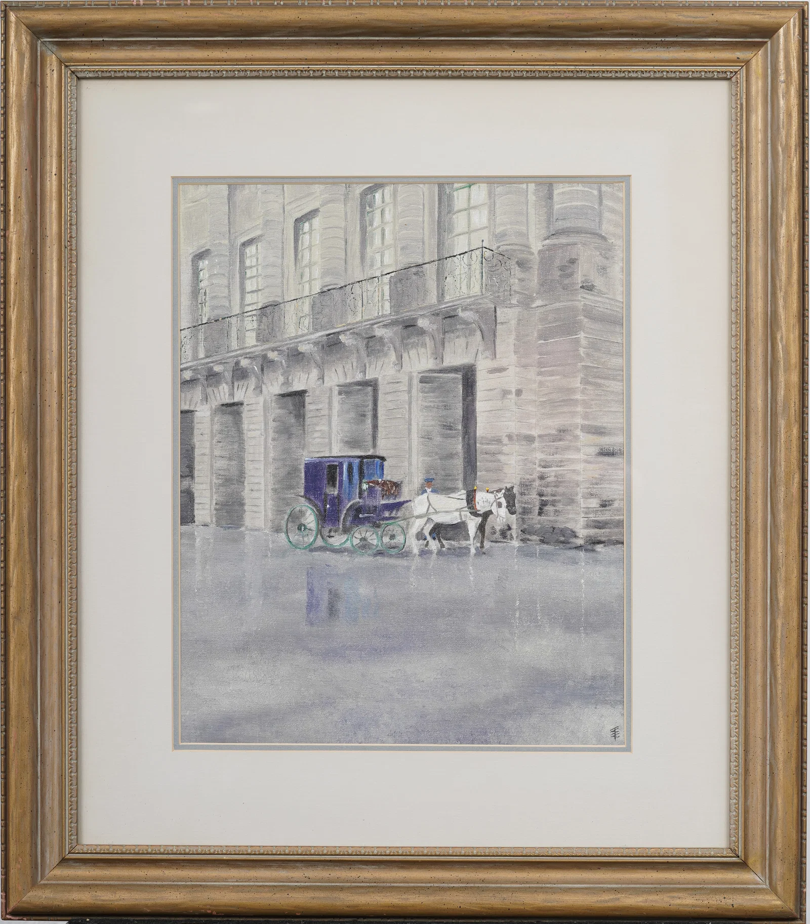 Vintage Impressionist Street Scene Horse and Carriage Framed Signed Original Oil Painting