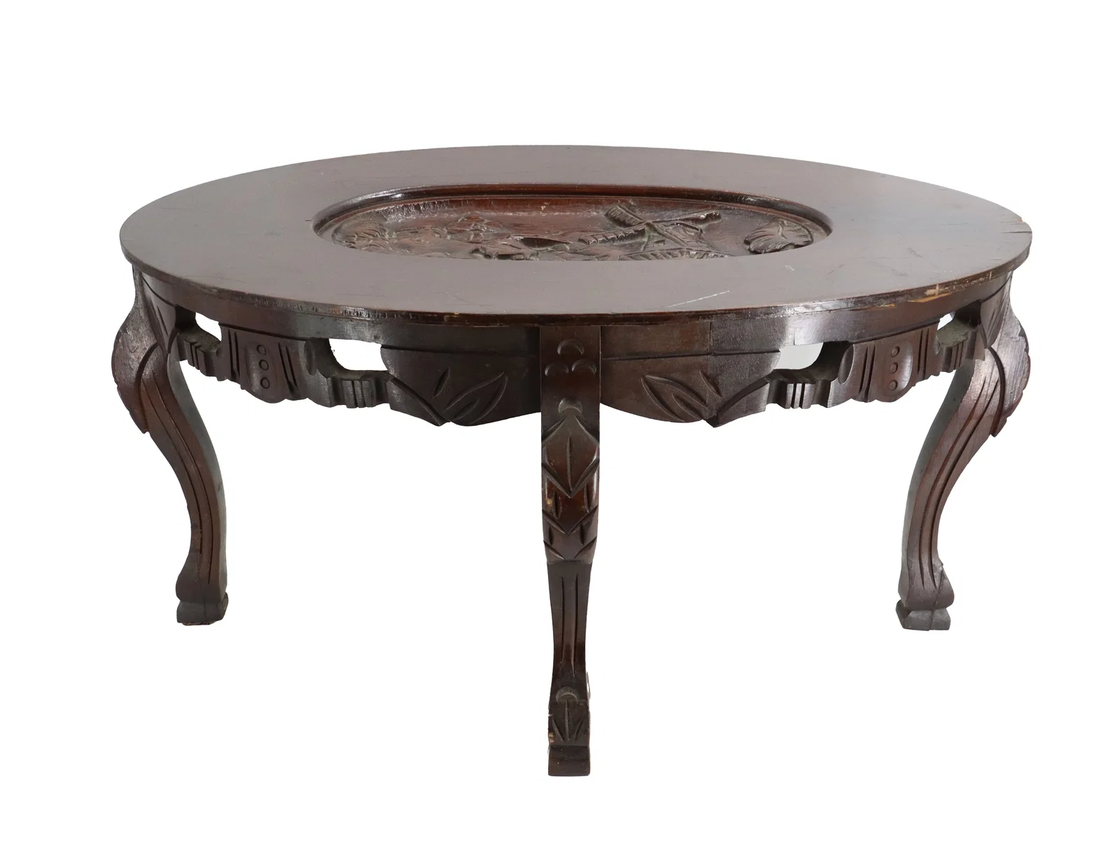 Vintage Indonesian Hand-Carved Dutch Windmill Relief Coffee Table