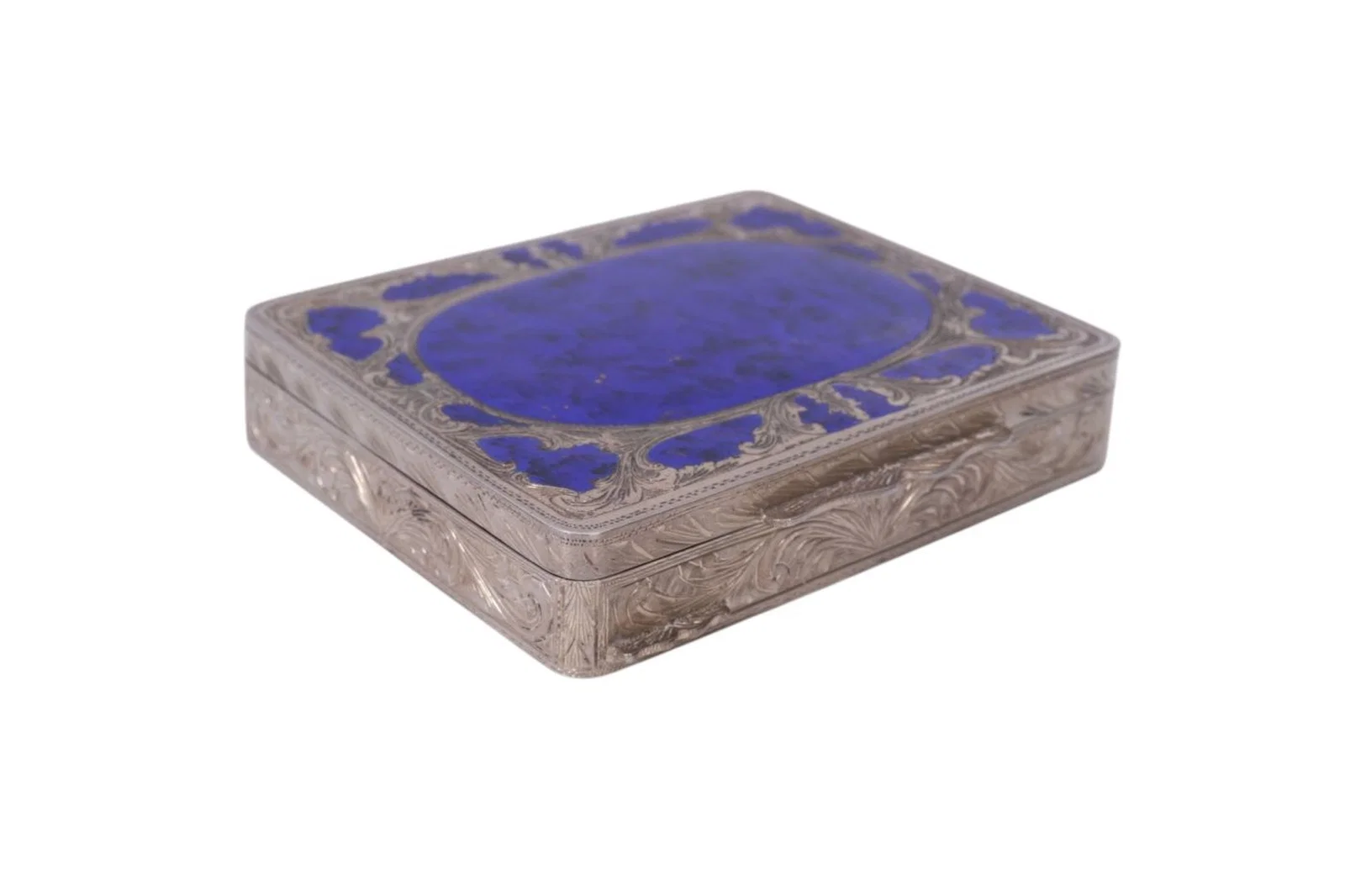 Vintage Italian Compact "800" Silver & Blue Enameling on Top Surface, Italian with Gold Wash