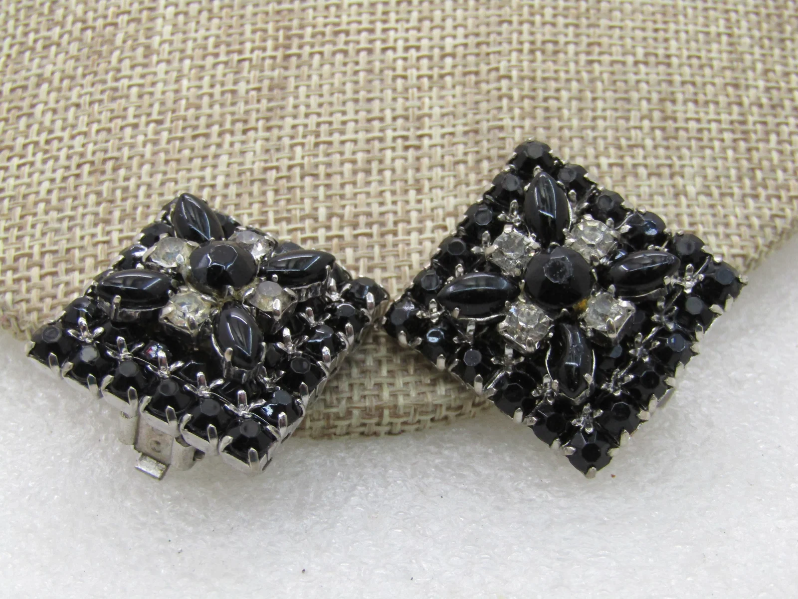 Vintage La Rel Black & Clear Rhinestone Earrings, Clip, 1" Square,
