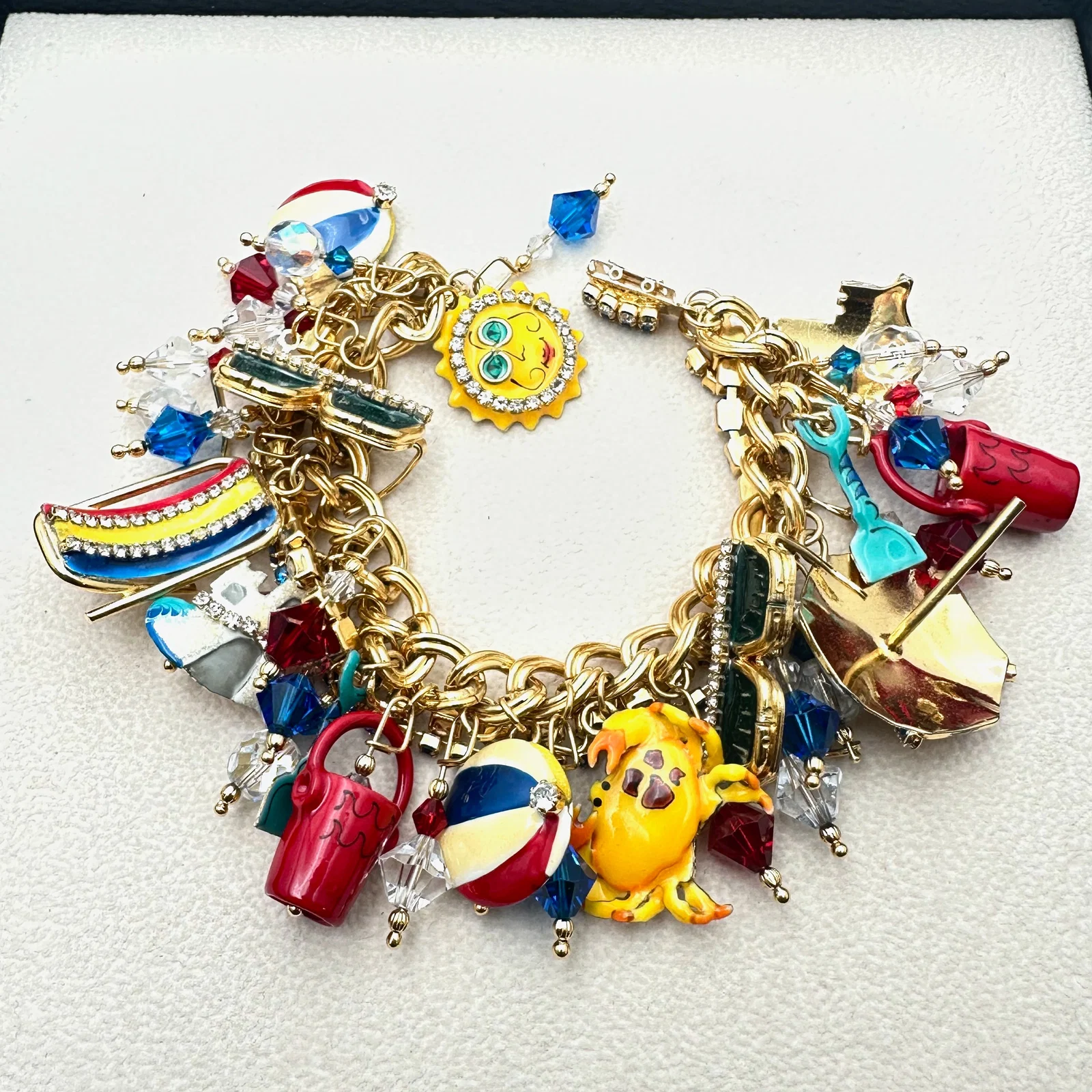 Vintage Lunch At The Ritz Gold Tone Enamel Crystal Bead Design Bracelet 7 Inch Length Pristine