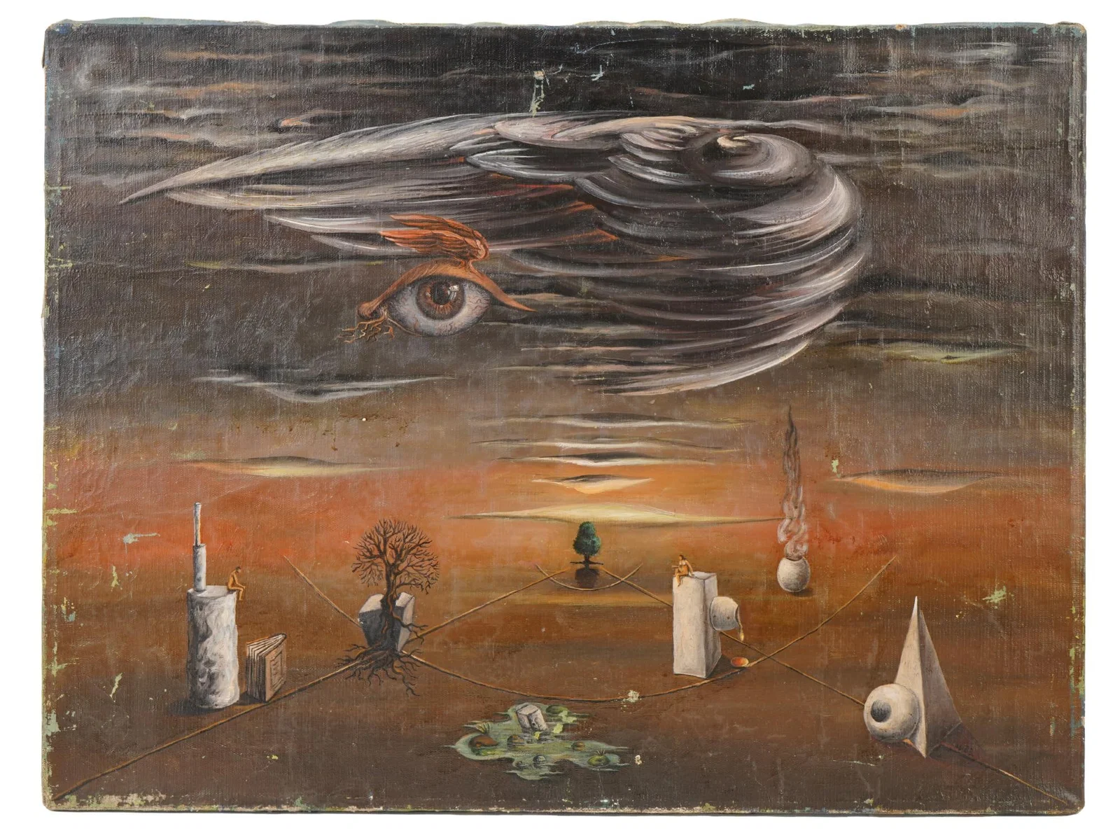 VINTAGE MID 20TH C OIL ON CANVAS SURREAL PAINTING