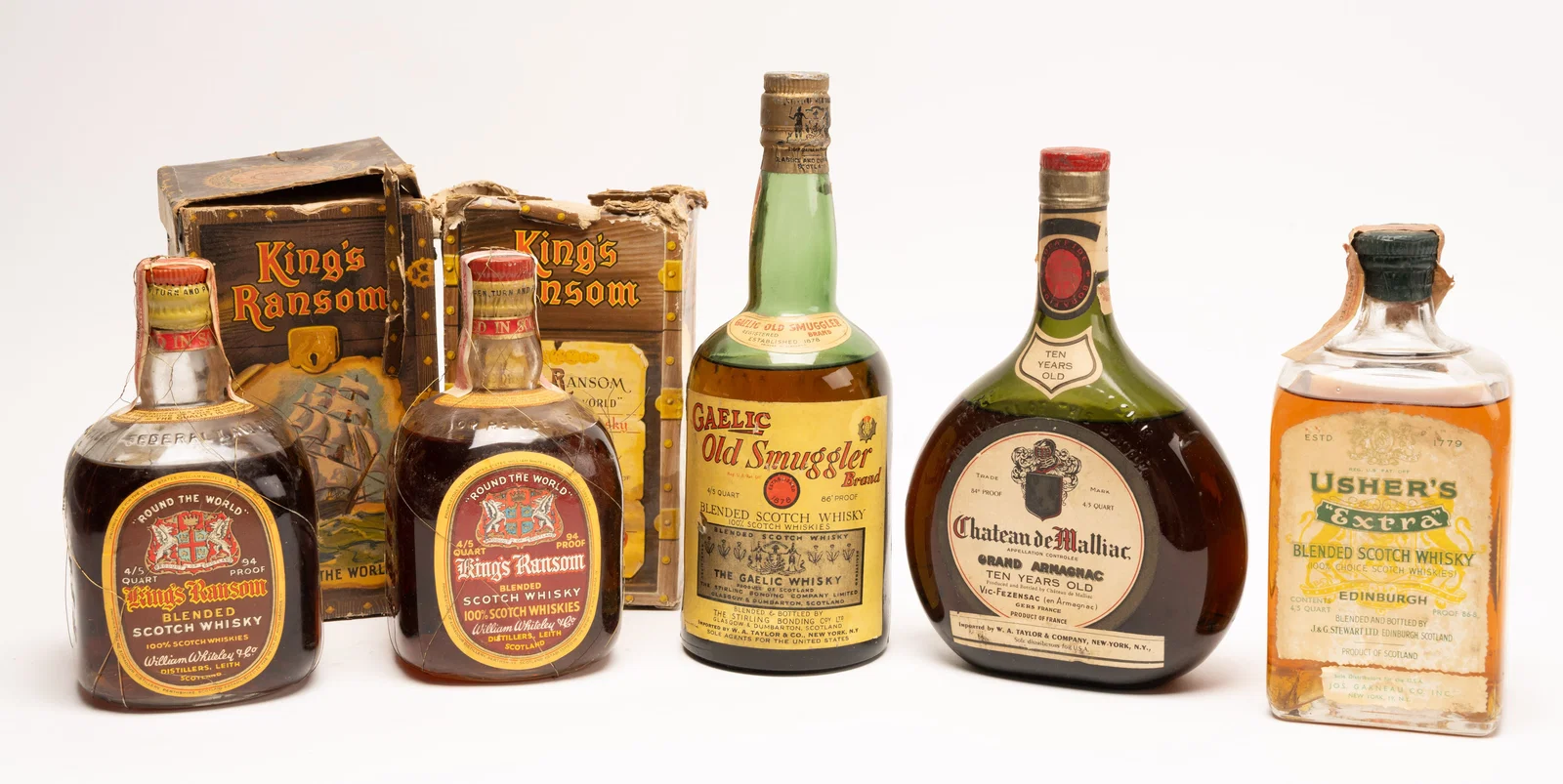 Vintage Mid Century Grand Armagnac Old Chateau De Malliac & Scottish Whisky Lot Old Smuggler etc