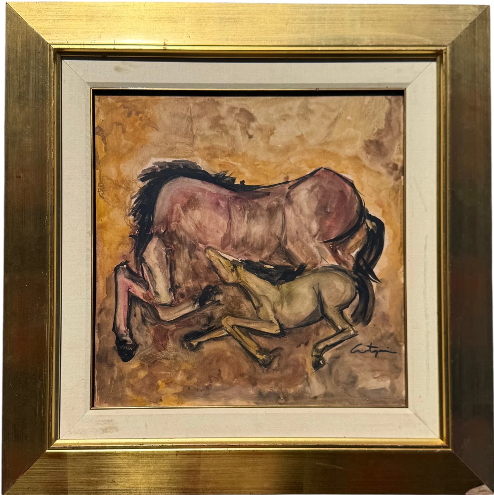 Vintage Modernist Watercolor Of Horses Signed Illegibly