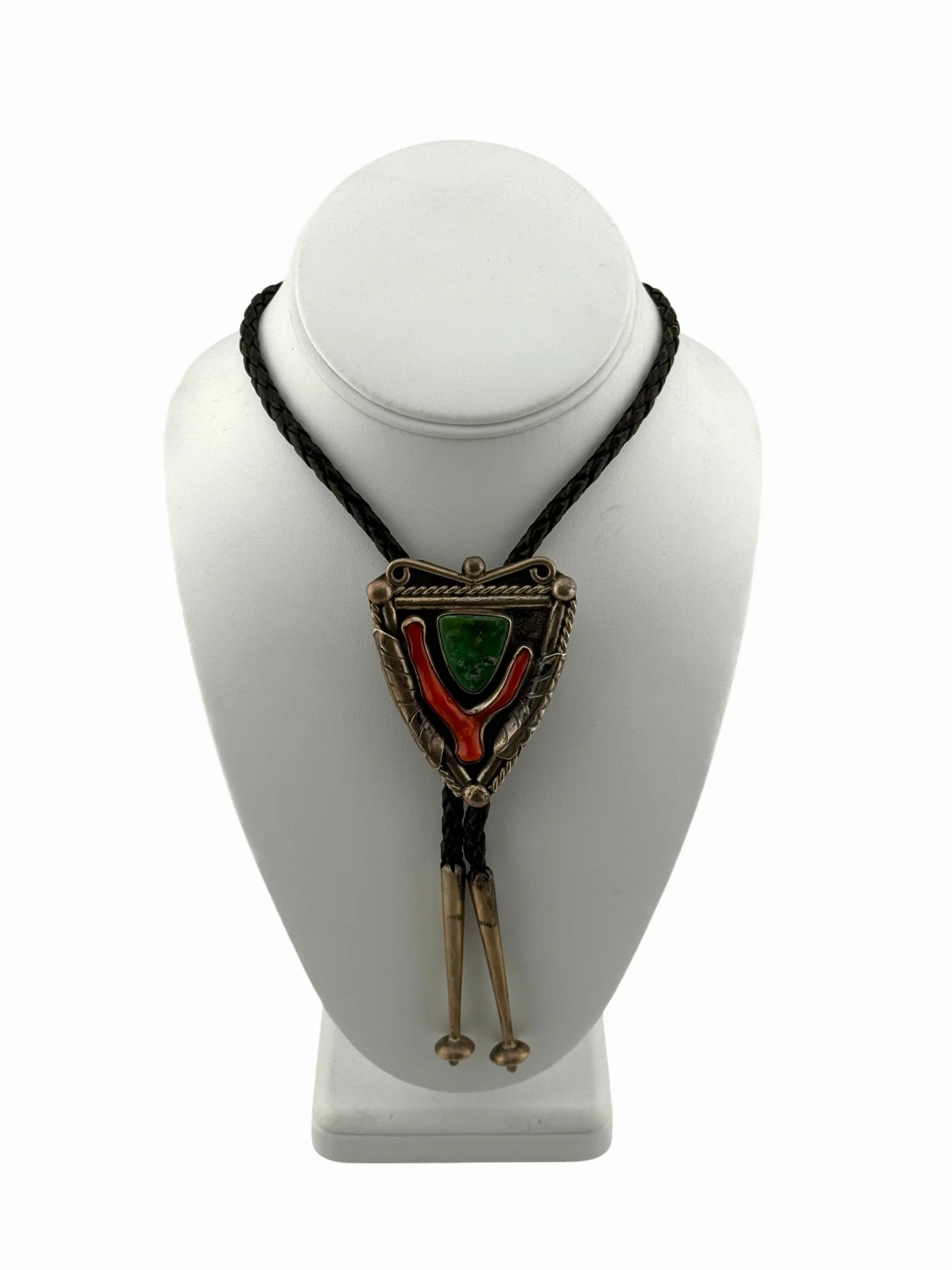 Vintage Native American Navajo Sterling Silver Green Turquoise and Coral Bolo Tie