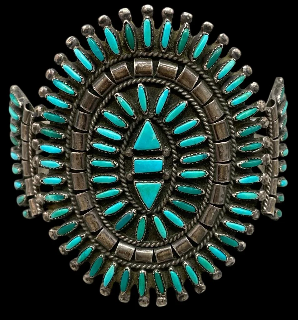 Vintage Natural Turquoise Needle Point And Sterling Silver Bracelet