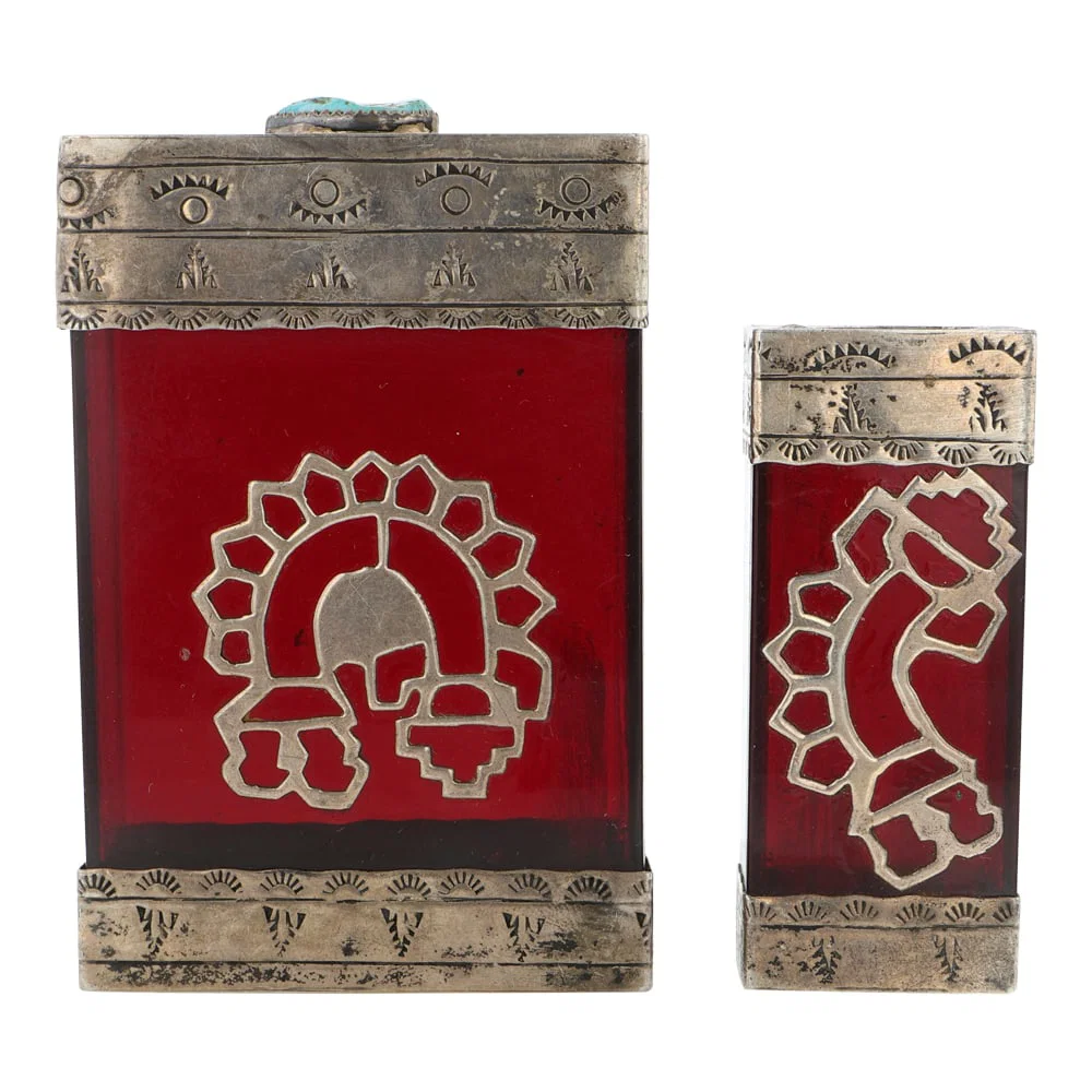 Vintage Navajo Kingman Turquoise Large Intricate Encased Cigarette Pack & Lighter Holder Set