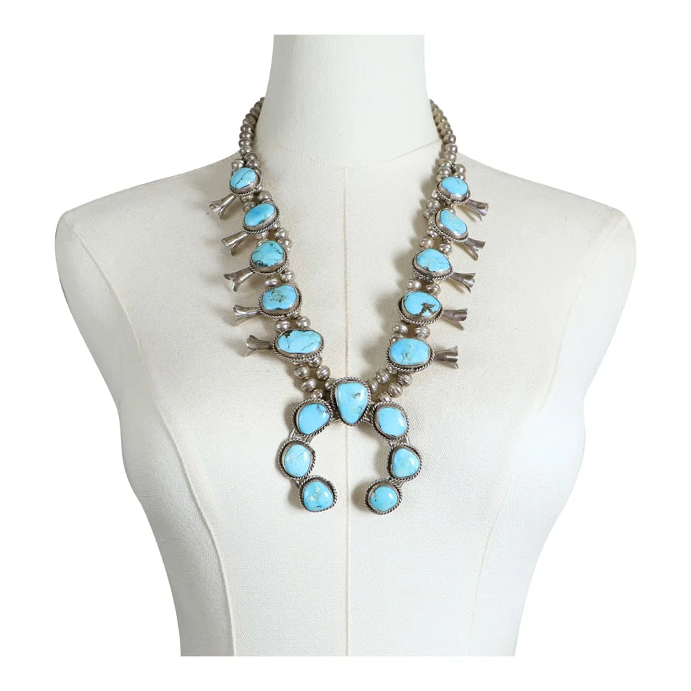 Vintage Navajo Kingman Turquoise Squash Blossom Necklace