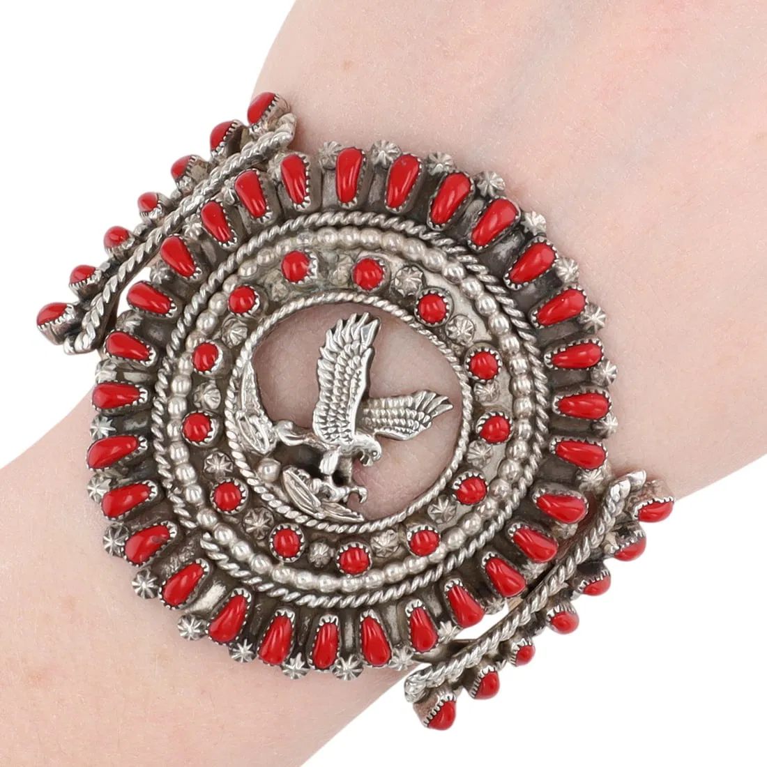 Vintage Navajo Sterling Mediterranean Coral Eagle Cuff Bracelet