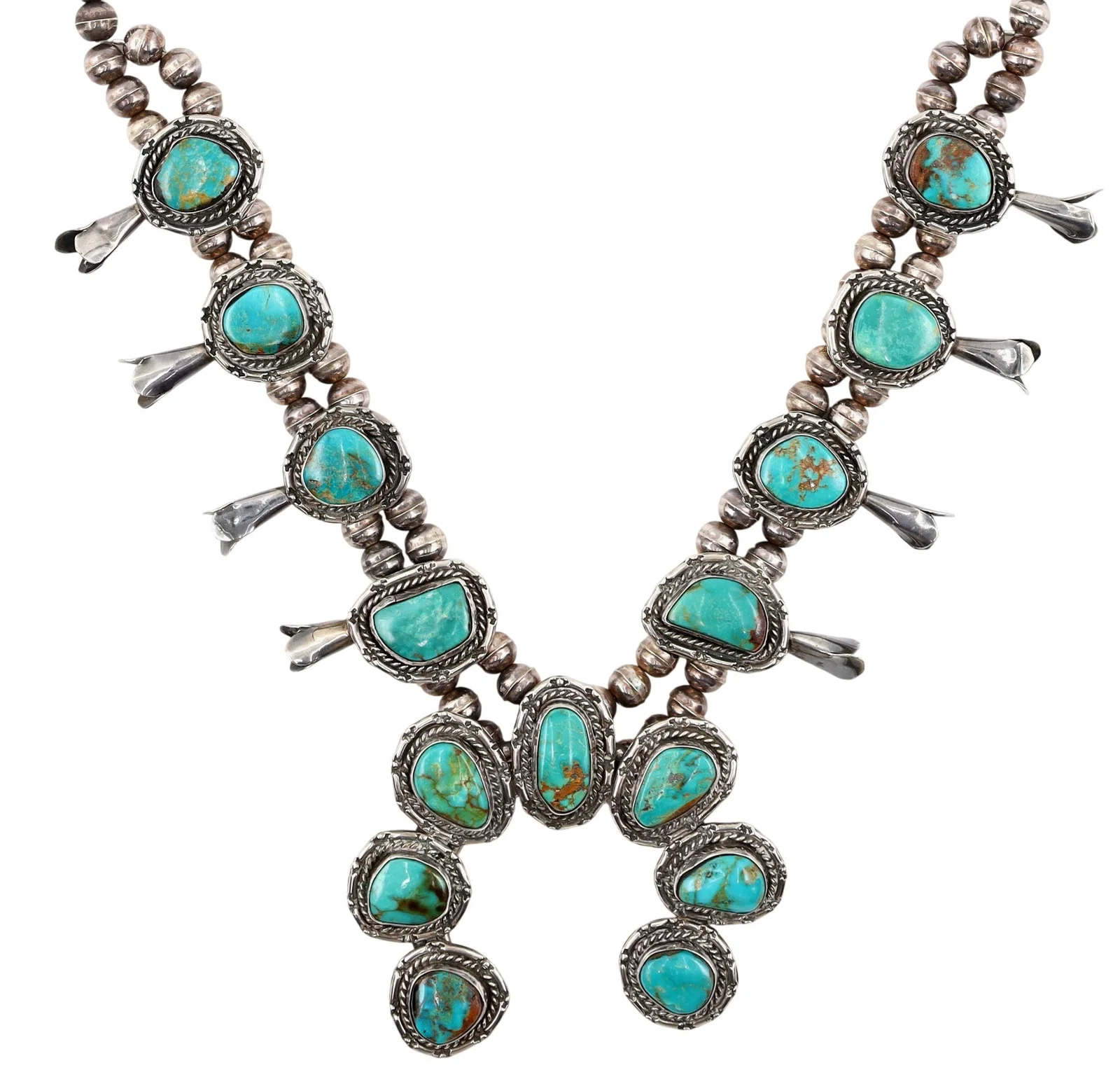 Vintage Navajo Turquoise Squash Blossom Necklace
