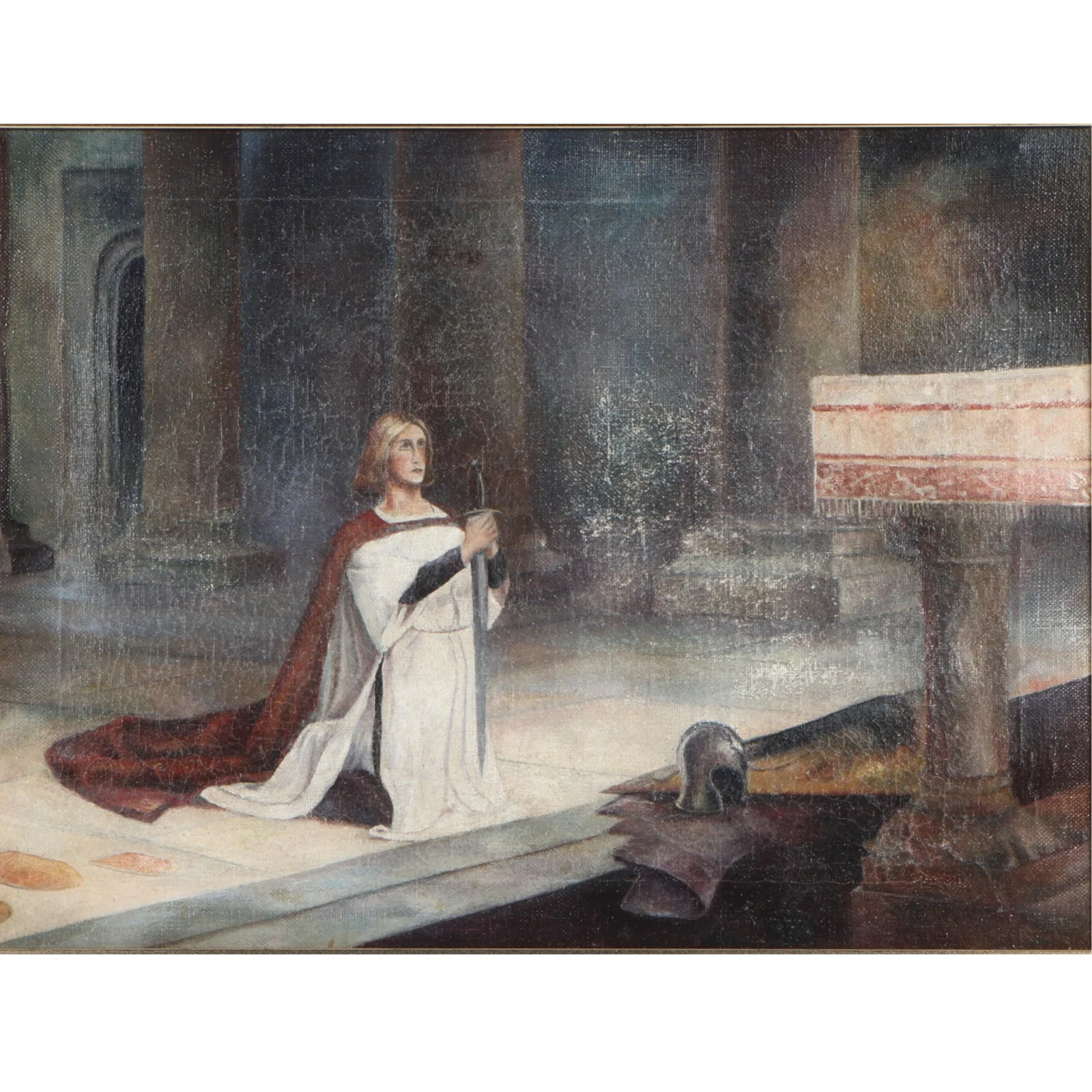 Vintage oil on canvas painting after "The Vigil" by Scottish painter John Pettie, exhibited in 1884.