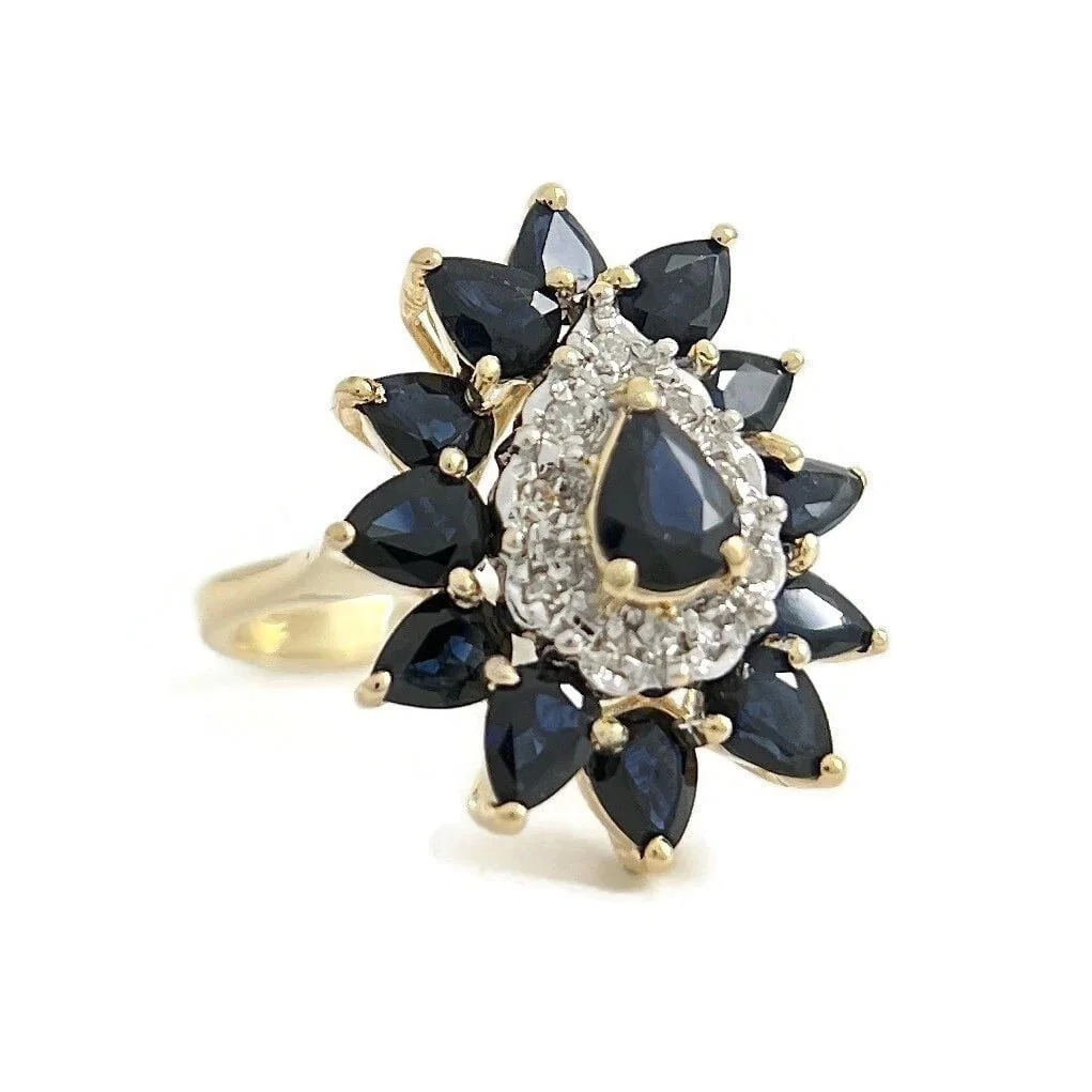 Vintage Pear Blue Sapphire Diamond Cocktail Ring 14K Yellow Gold, 4.38 Grams