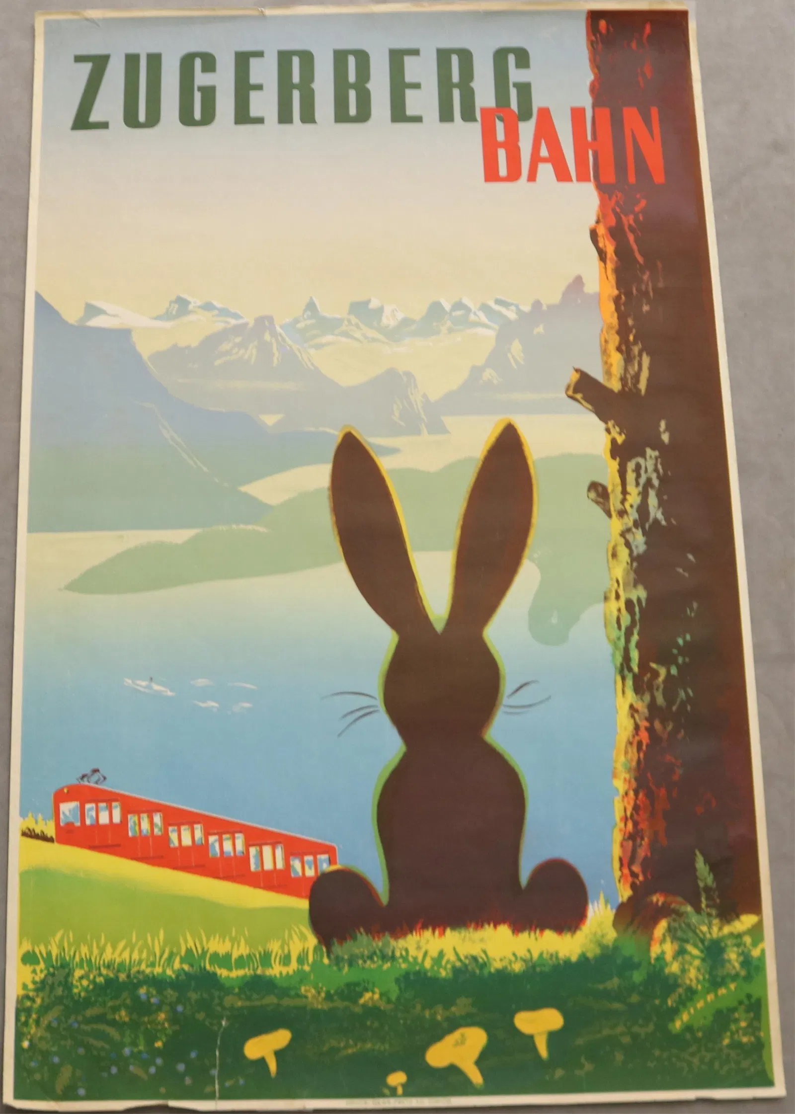 Vintage poster titled "Zugerberg Bahn" was designed by artist Martin Peikert in 1951 to promote the
