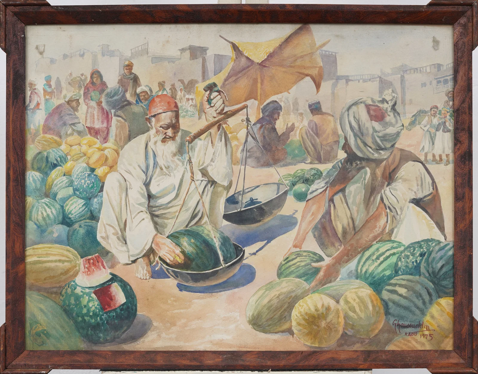 Vintage Signed 1975 Kabul Afghanistan Orientalist Market Scene Framed Painting