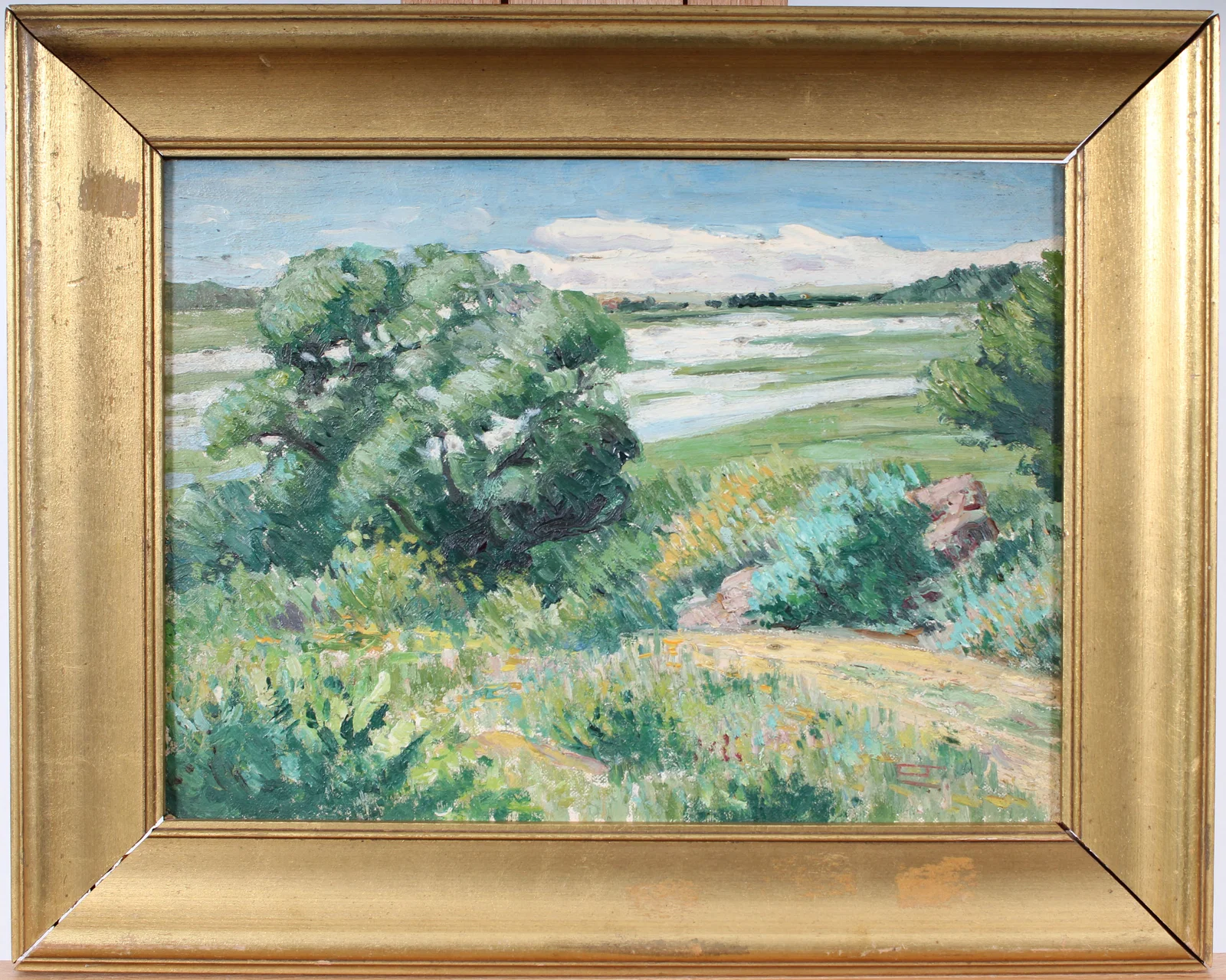 Vintage Signed American Impressionist Giltwood Framed Landscape Monogrammed Oil Painting