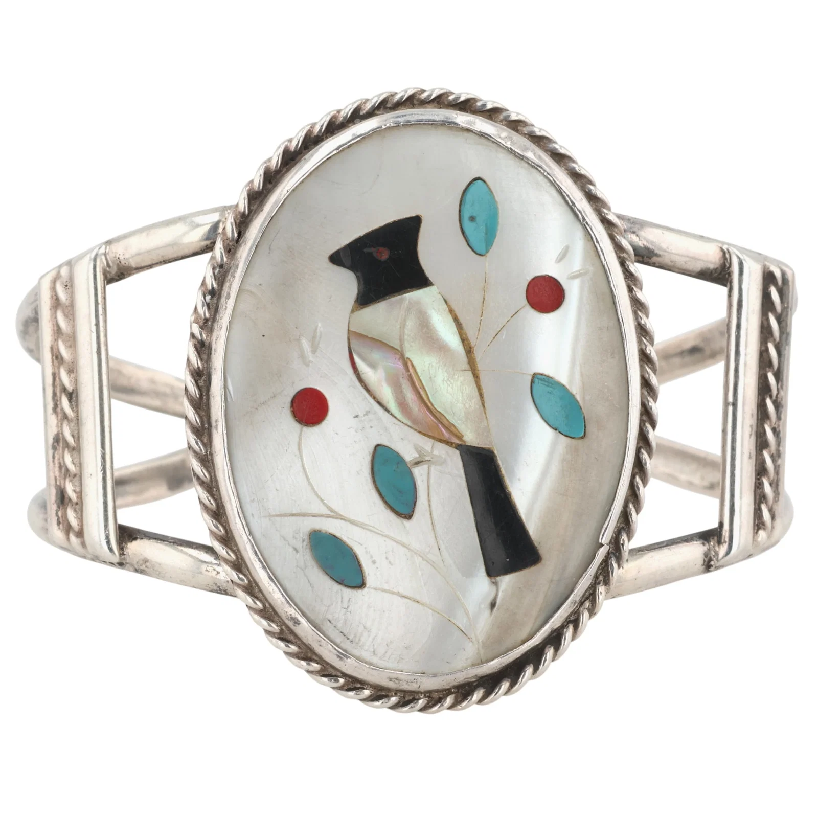 Vintage Signed Navajo Sterling Multi-Stone Inlay Cuff Bracelet