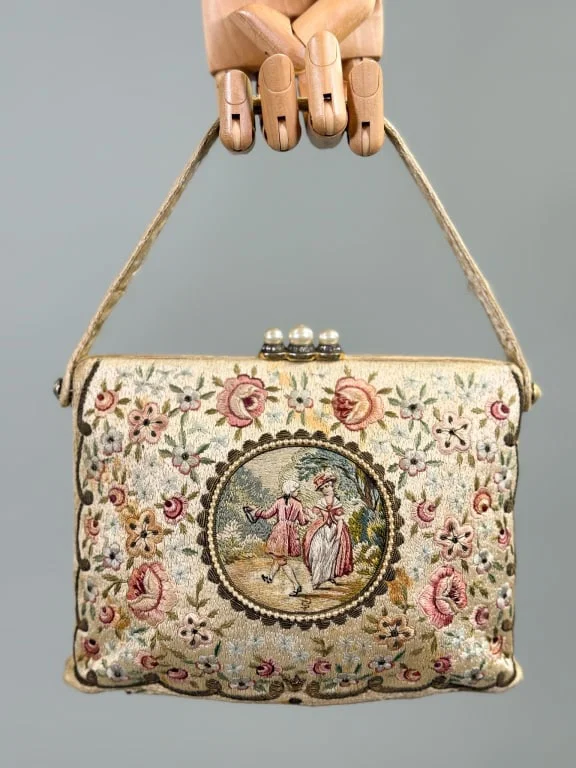 Vintage Silk Embroidered Rococo Style Hand Bag